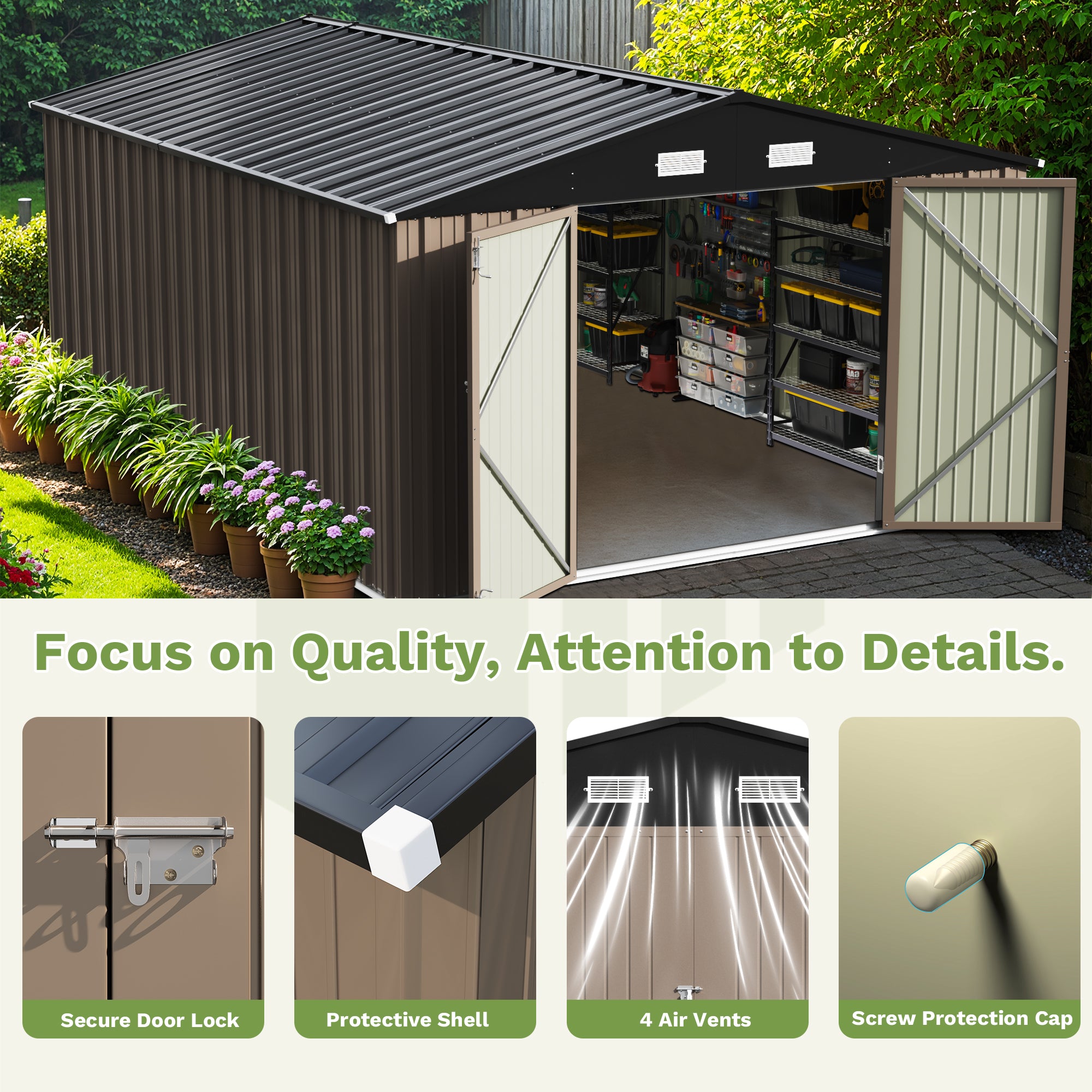 Metal storage shed with open doors, surrounded by plants, with quality and attention to detail features displayed below.
