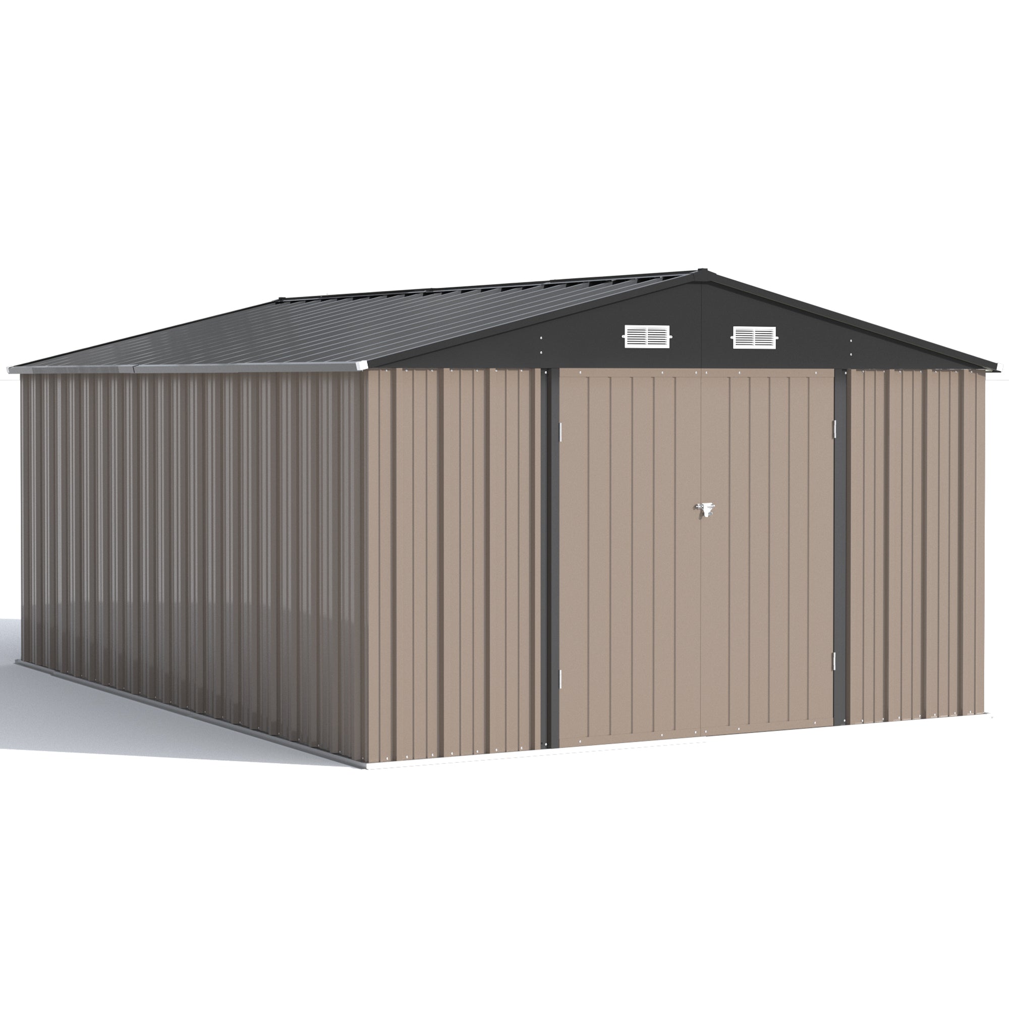 Metal storage shed with brown and black exterior on a white background