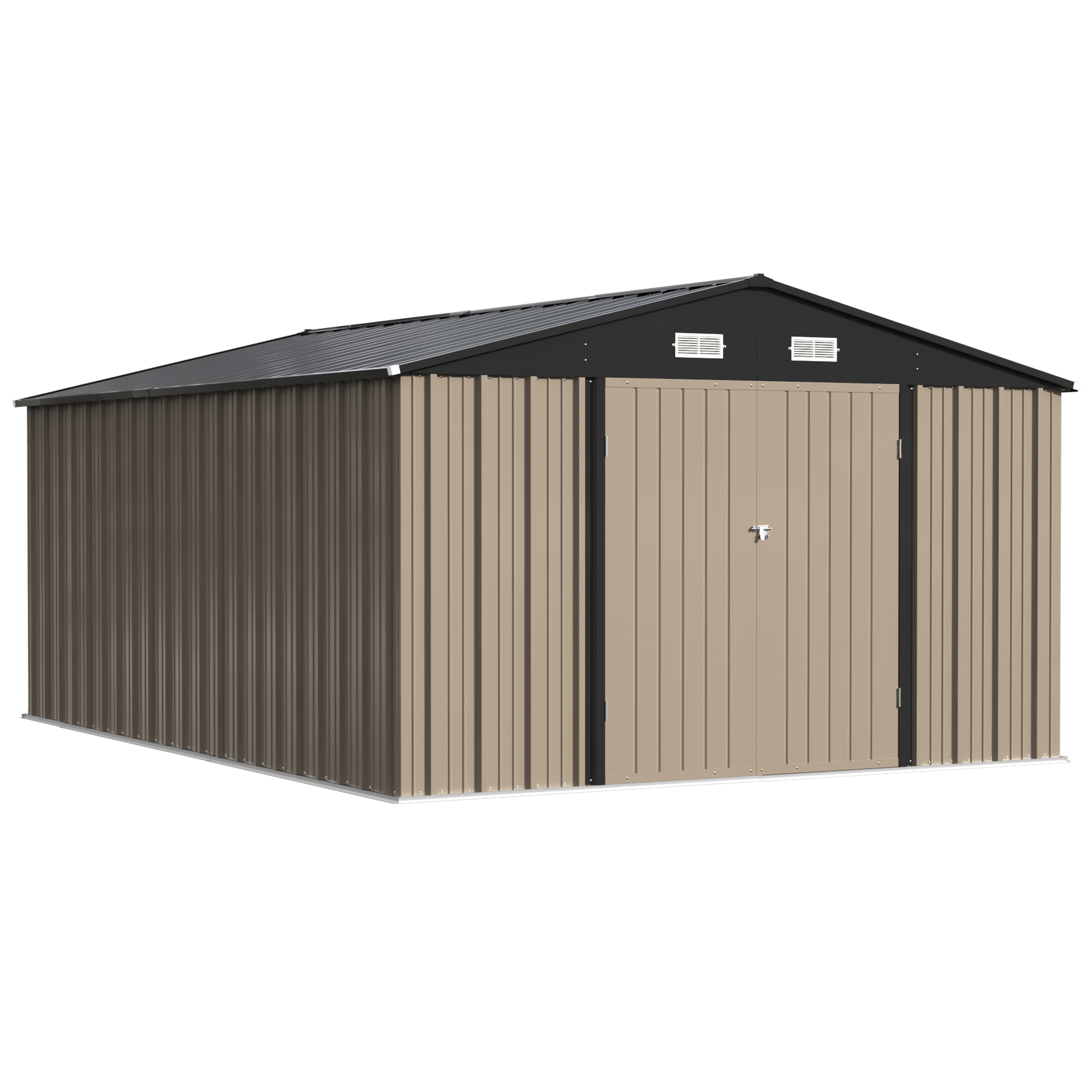 Metal storage shed with brown and black exterior on a white background