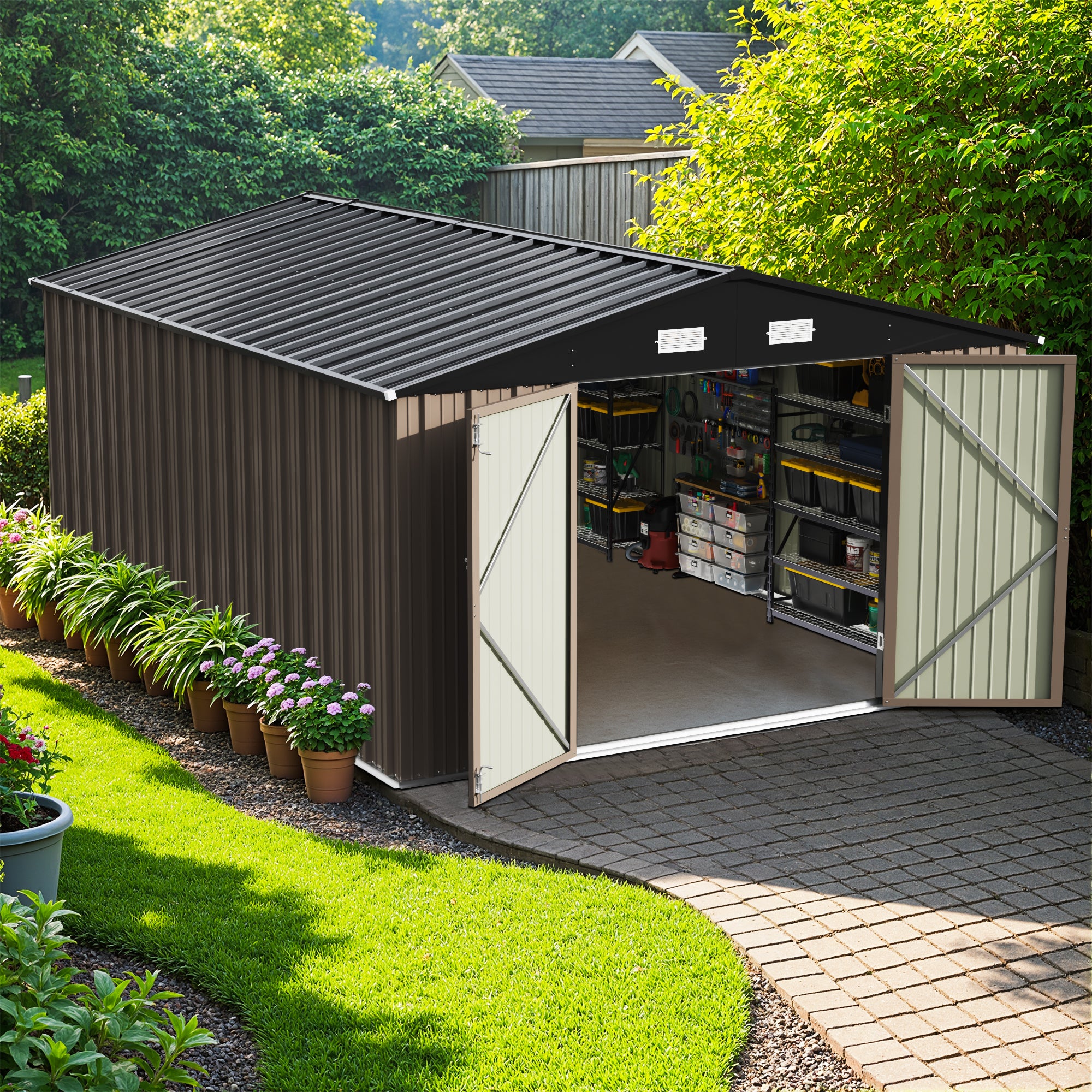 Metal storage shed with open doors in a garden setting