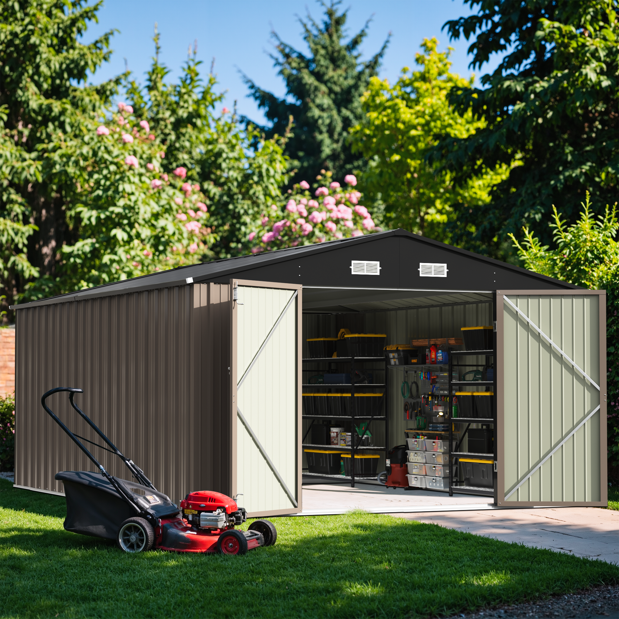 Metal storage shed with open doors, showing shelves inside, on a grassy area with trees in the background.