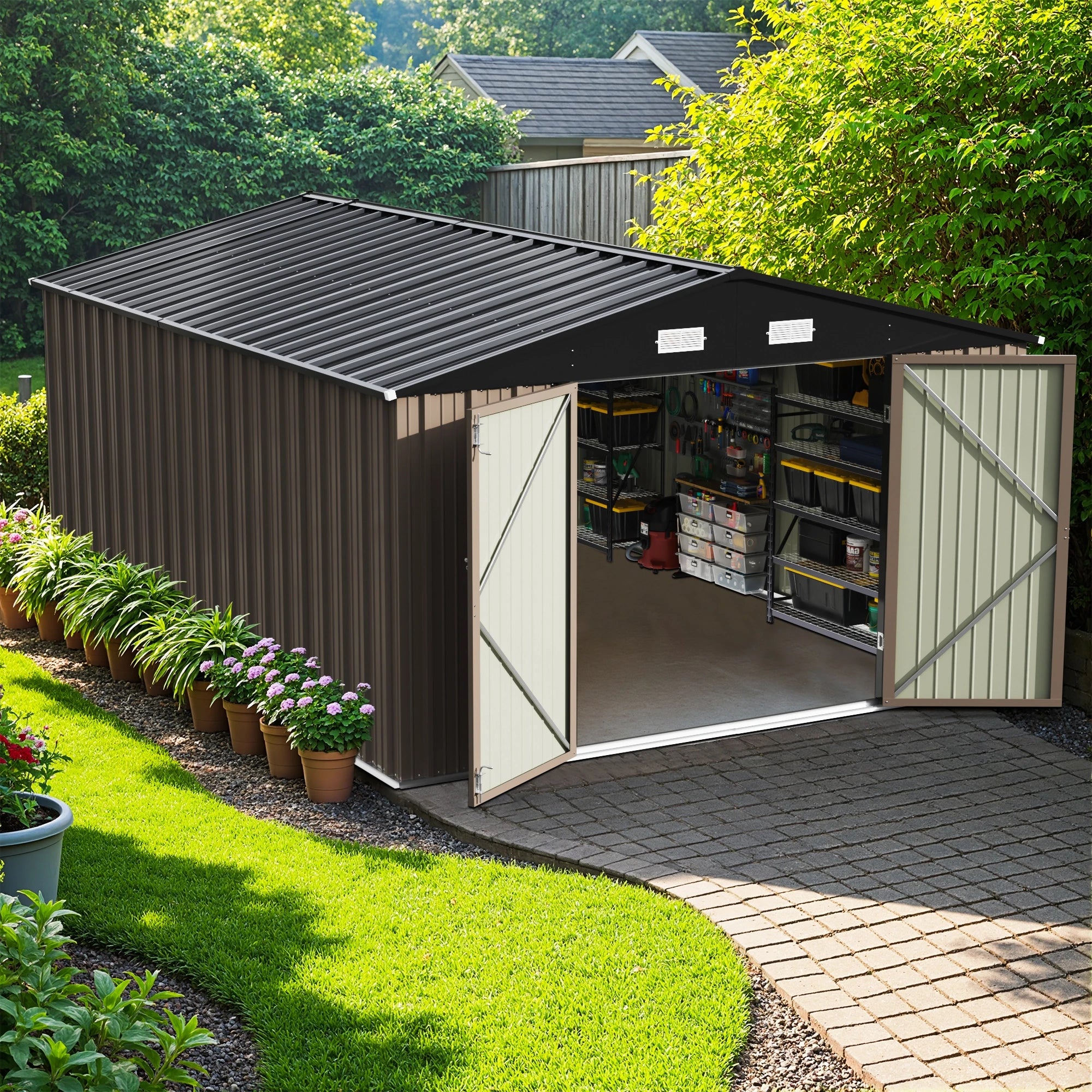 Patiowell 10x14 FT Large Metal Garden Shed (Brown) with Lockable Door and Sloping Roof