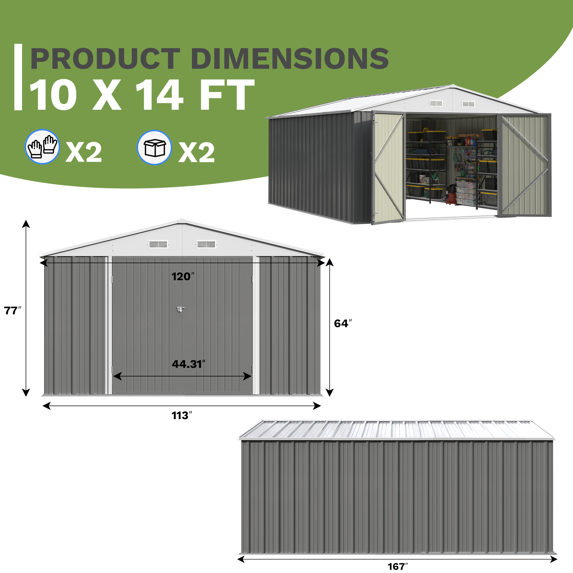 Metal storage shed with dimensions and product details on a white background