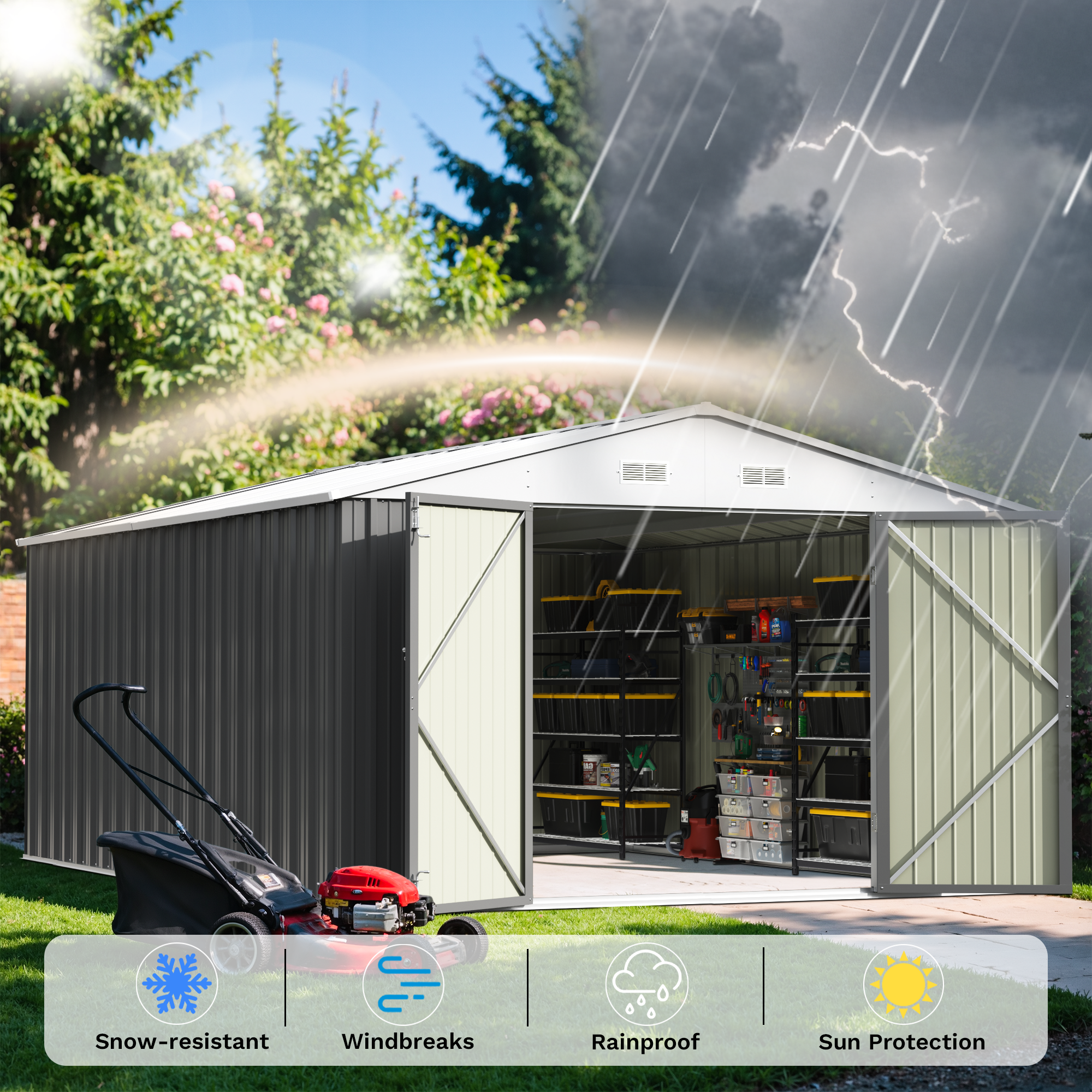 Metal storage shed with open doors, showing interior organization, surrounded by trees and a clear sky.