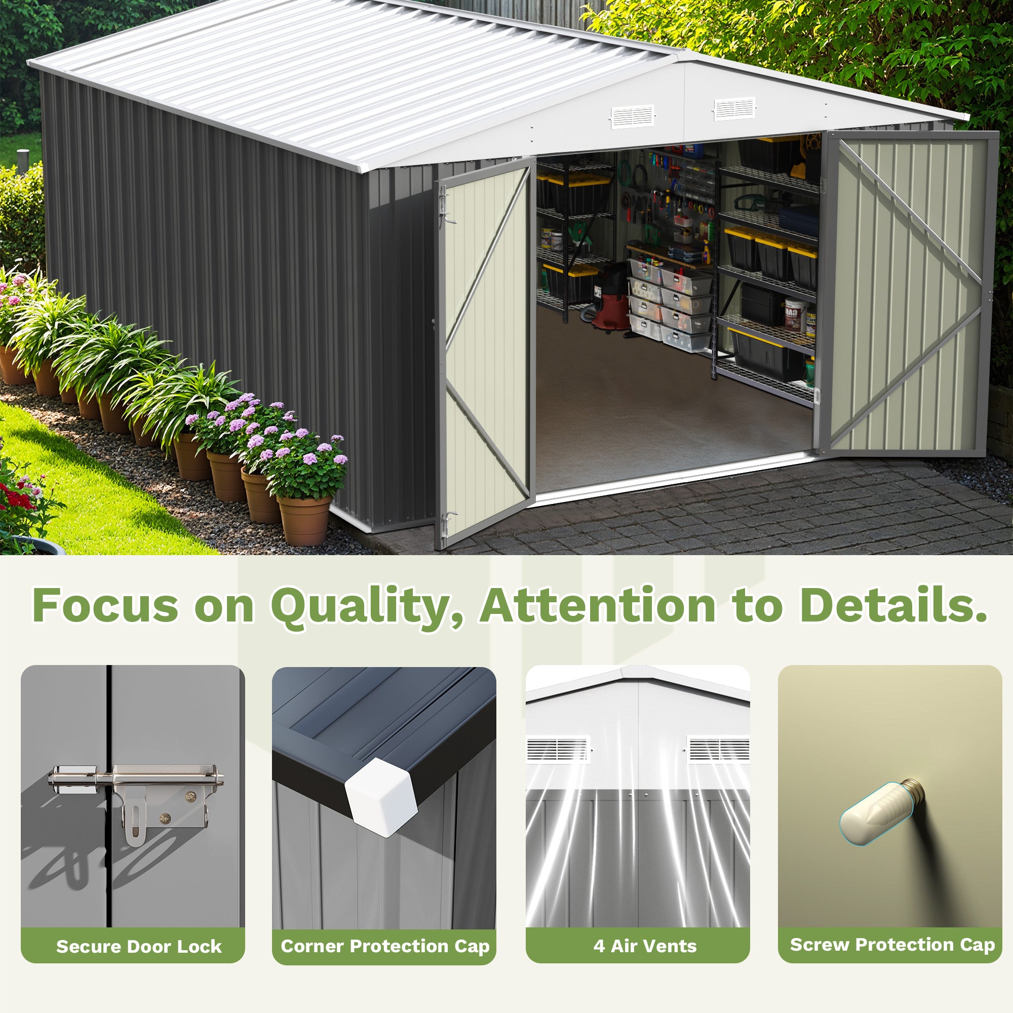 Metal storage shed with open doors, showing interior organization, surrounded by plants.