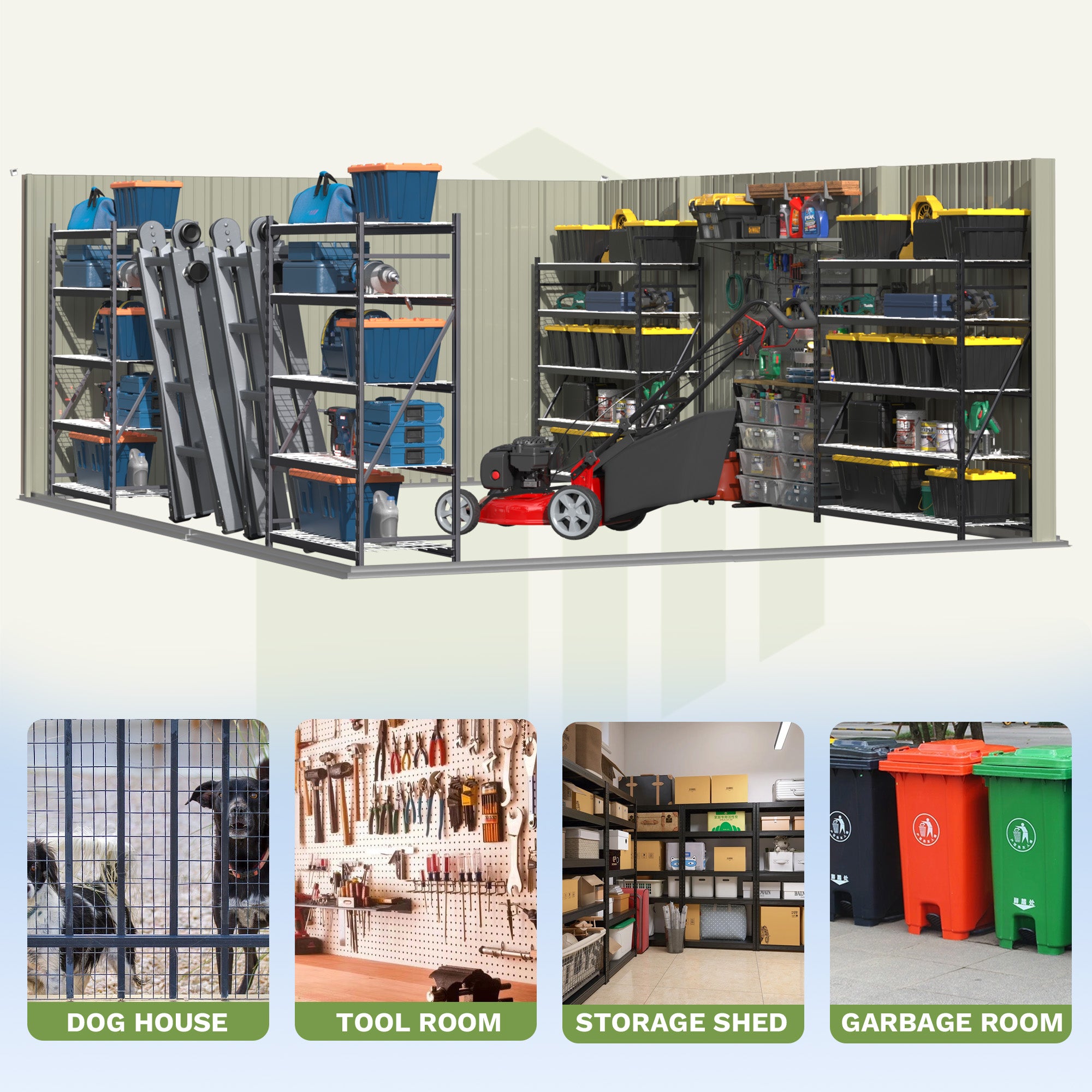 Storage room with shelves and bins, divided into sections for dog house, tool room, storage shed, and garbage room.
