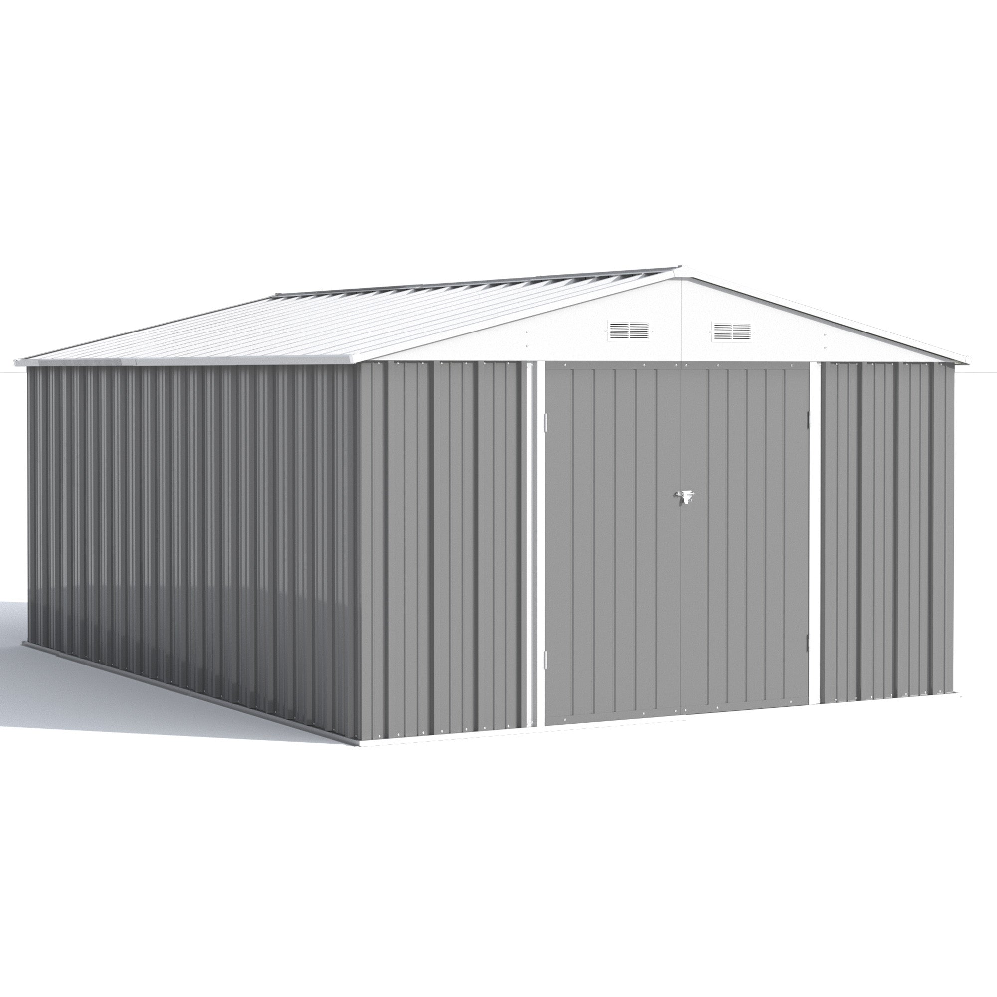 Metal storage shed with a gray exterior and white roof on a white background