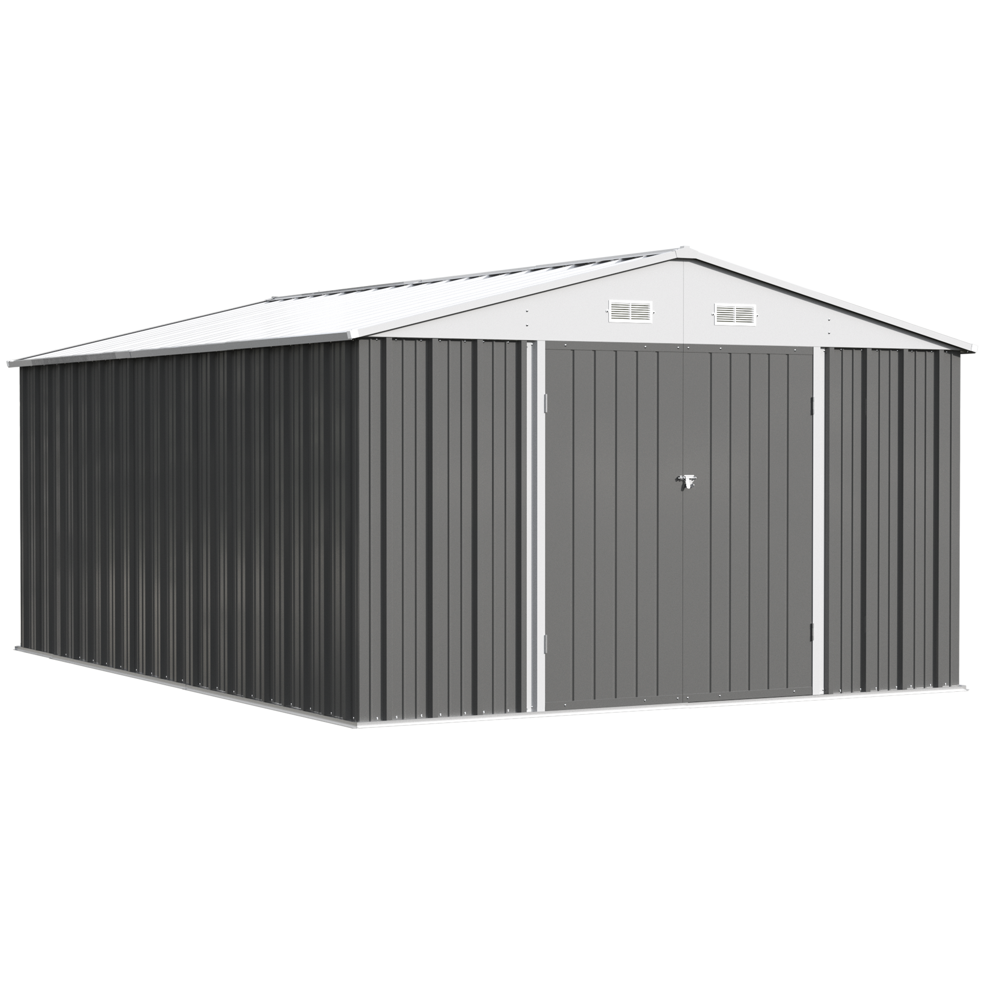 Metal storage shed with a white roof on a white background