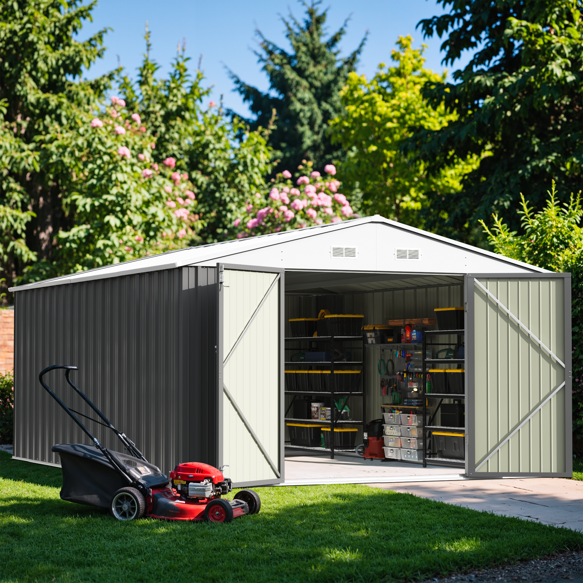 Metal storage shed with open doors, showing shelves and items inside, with a lawn mower in front on a grassy area.