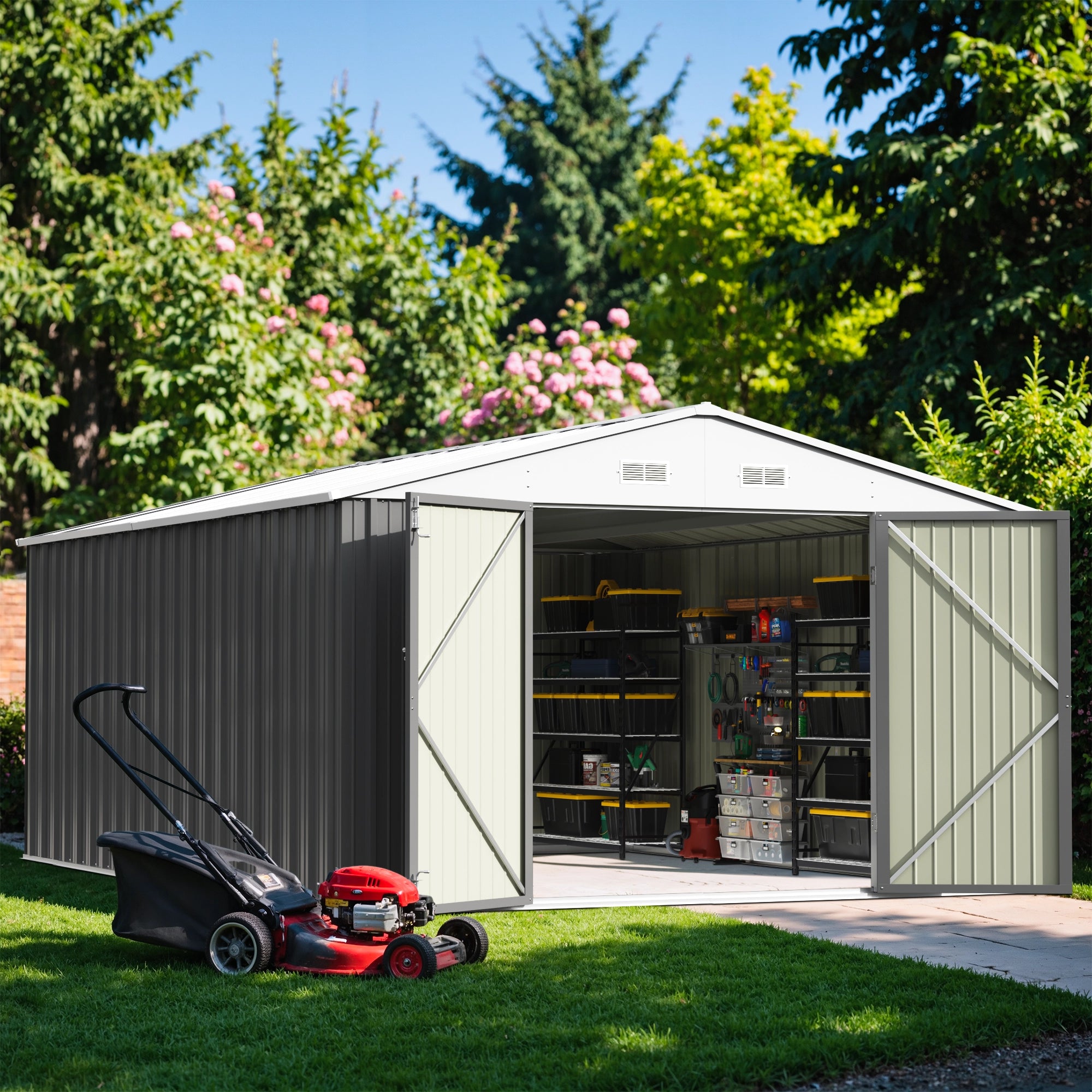 Patiowell 10x14 FT Large Metal Garden Shed (Gray) with Lockable Door and Sloping Roof