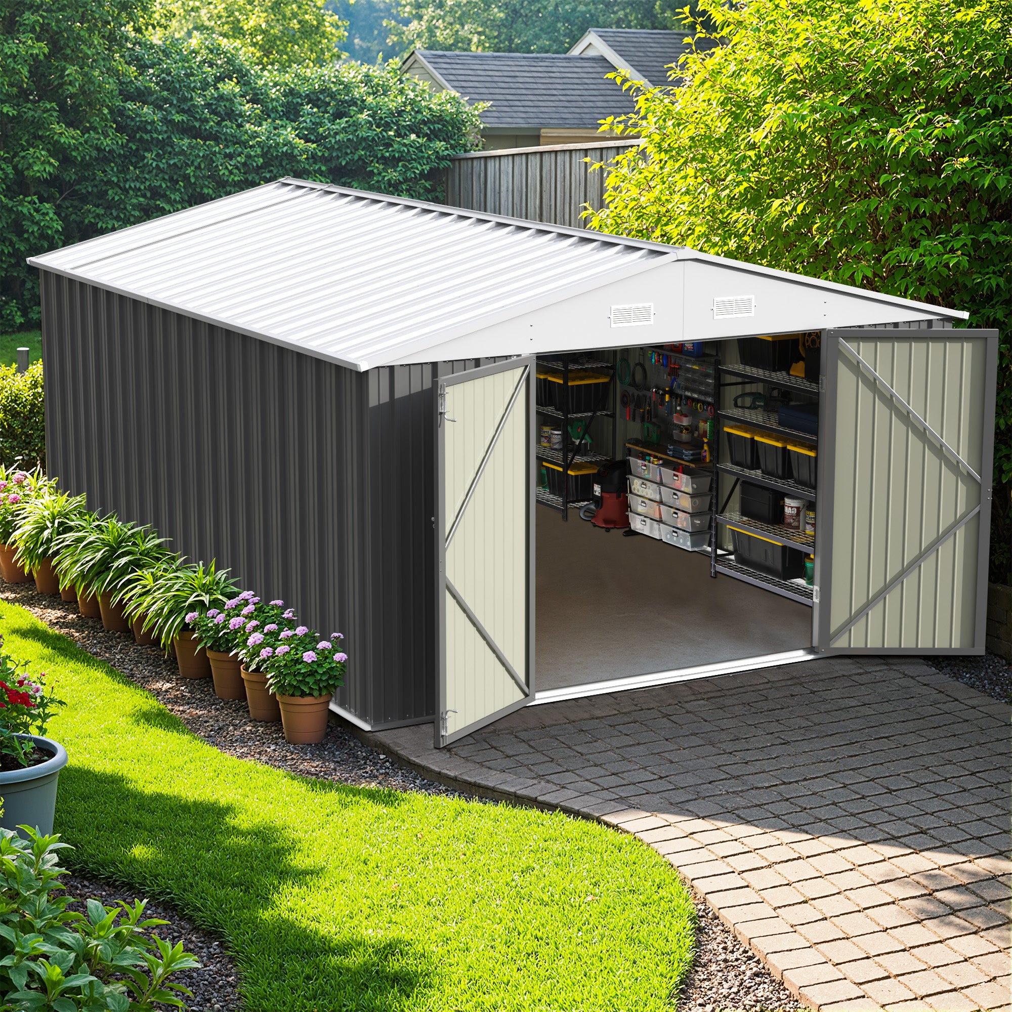 Metal storage shed with open doors in a garden setting