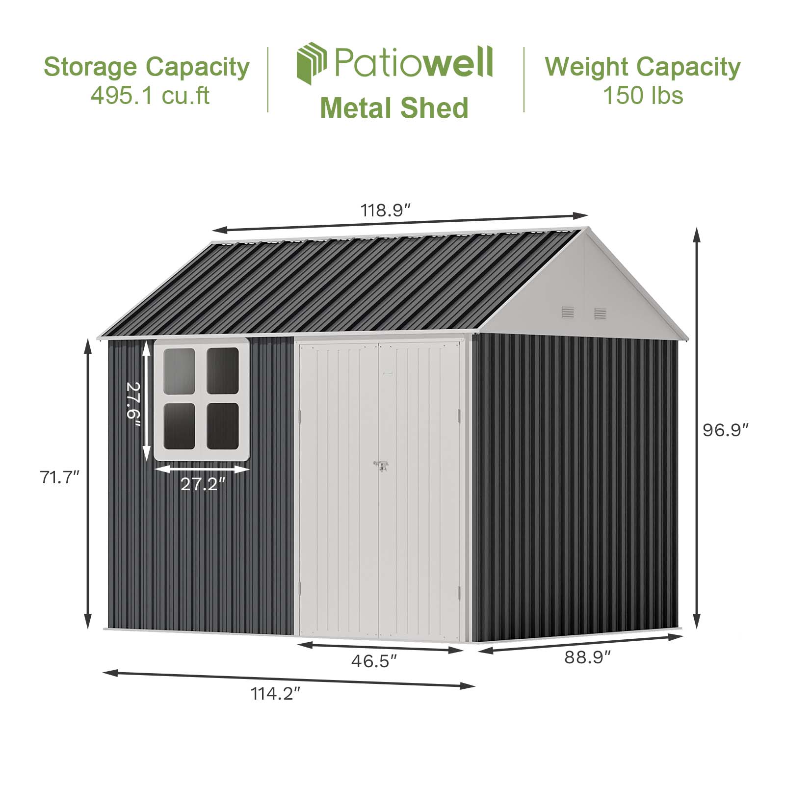 Patiowell metal shed with dimensions and storage capacity details on a white background
