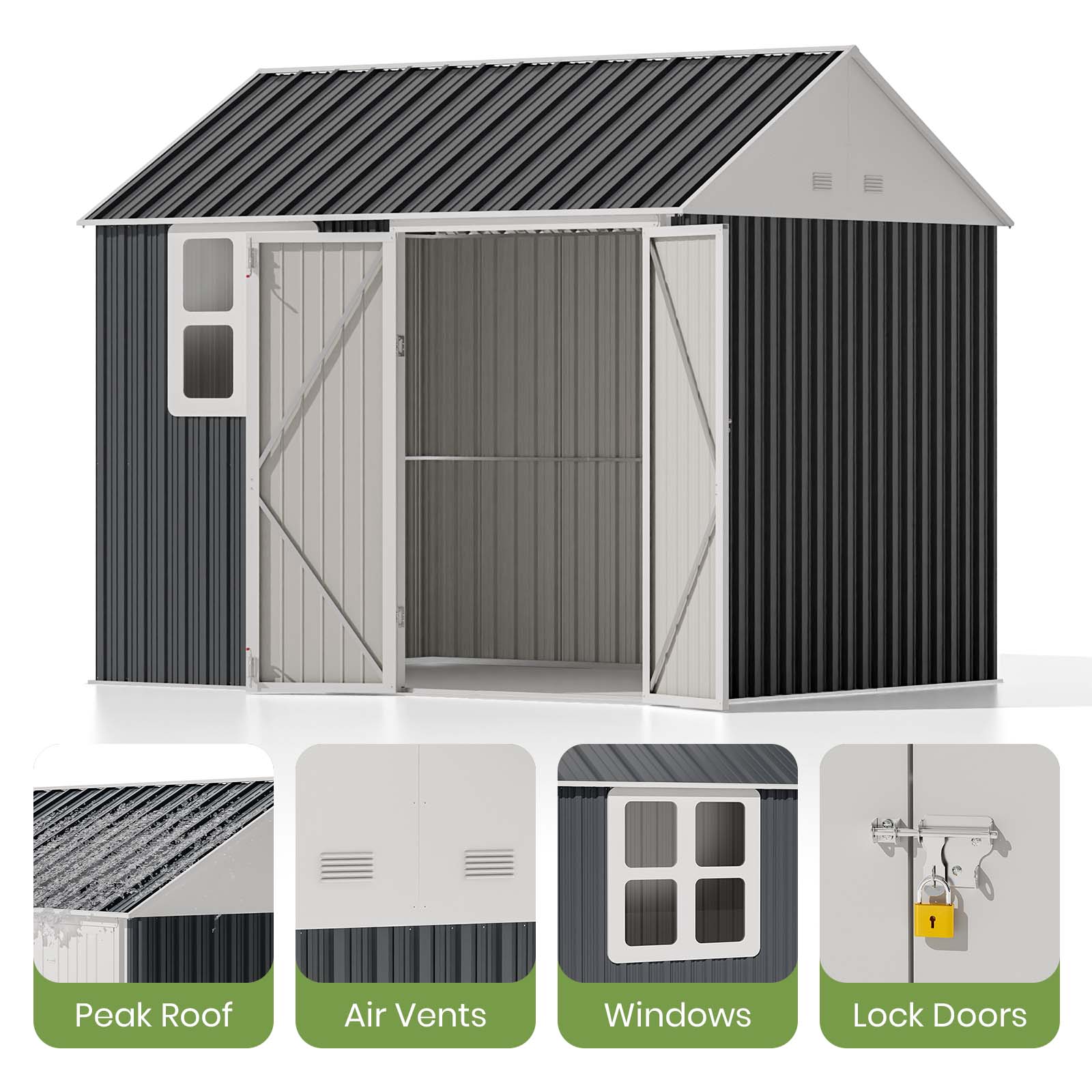 Metal storage shed with peak roof, air vents, windows, and lock doors on a white background.