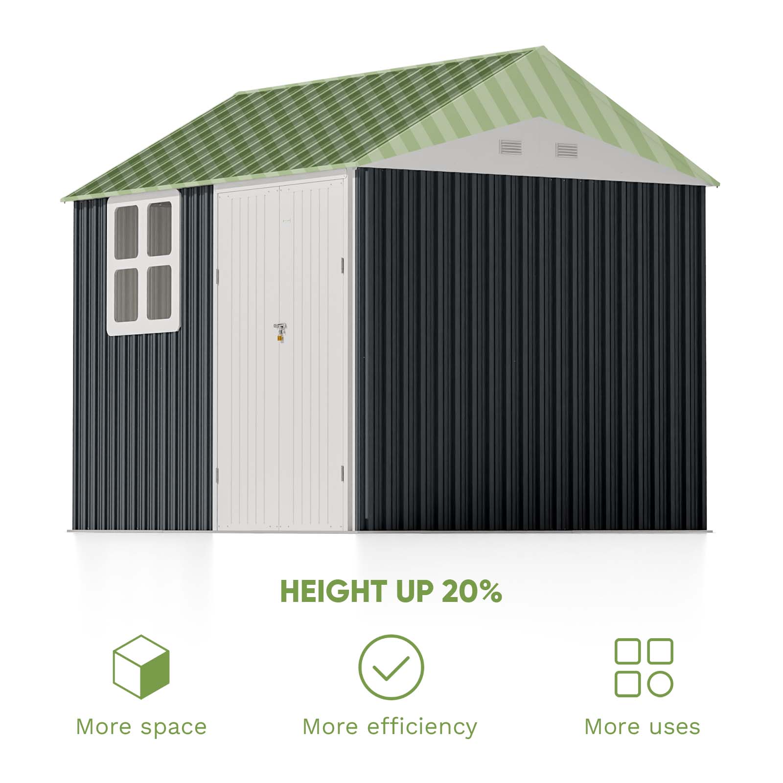 Storage shed with green roof and black and white exterior, featuring text about height increase and benefits.