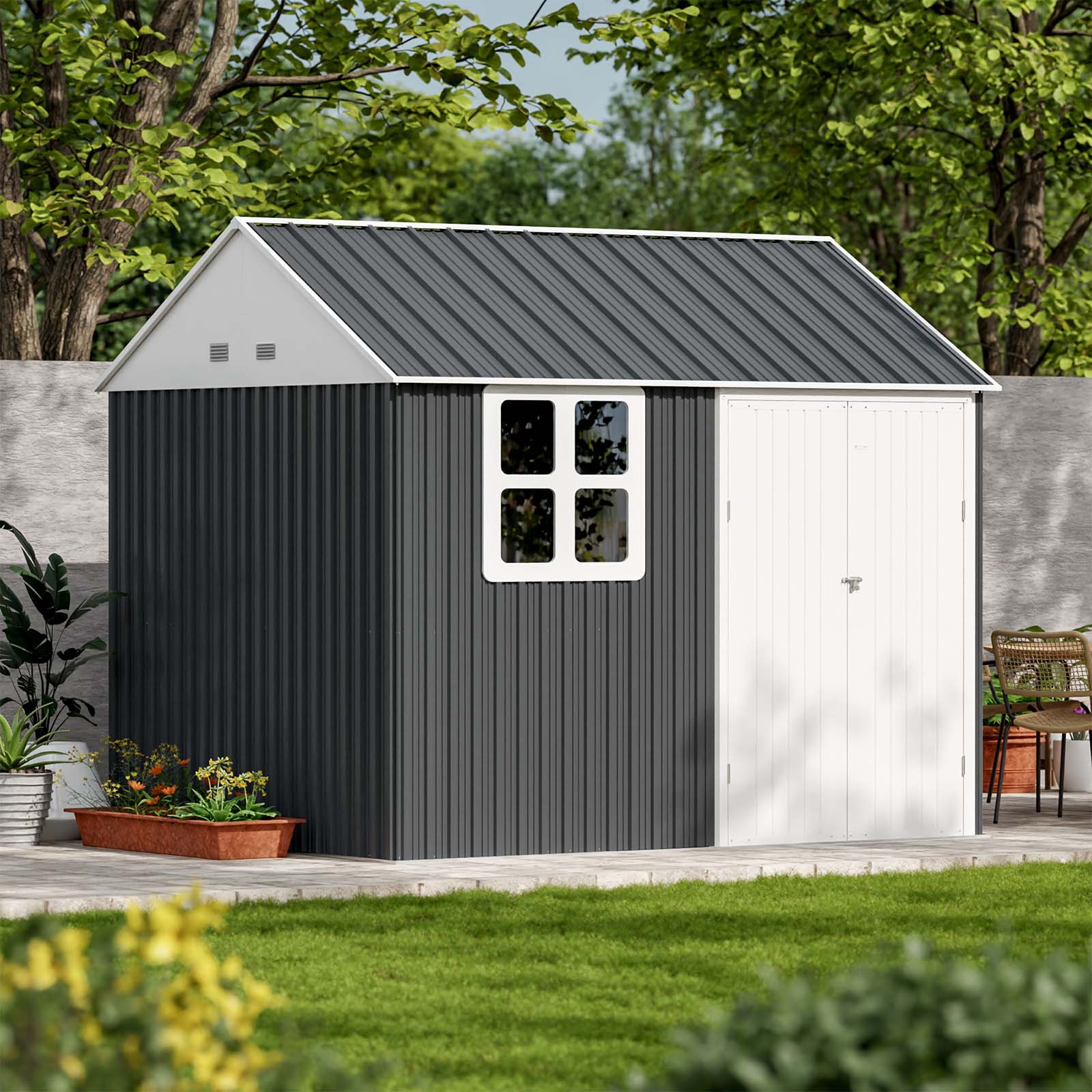 Gray metal shed with white door in a garden setting