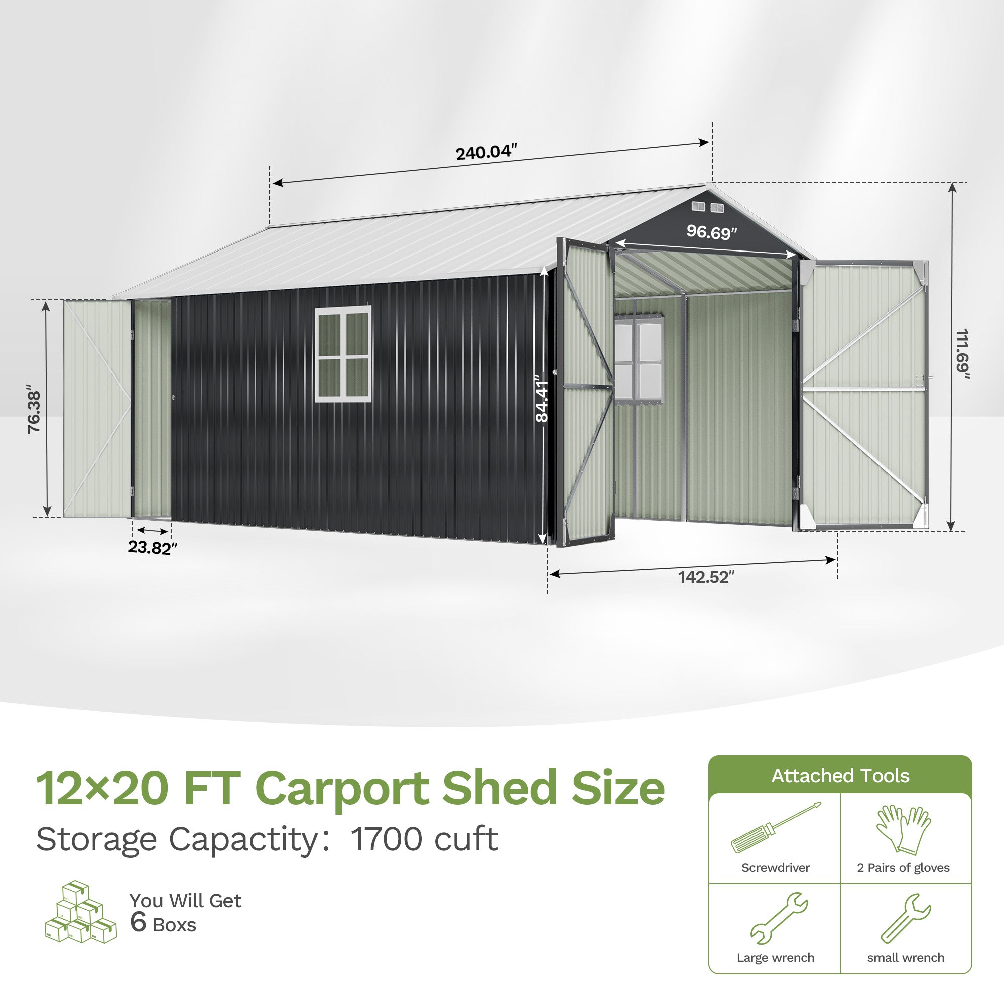 Patiowell 12x20 metal shed with double doors black & white
