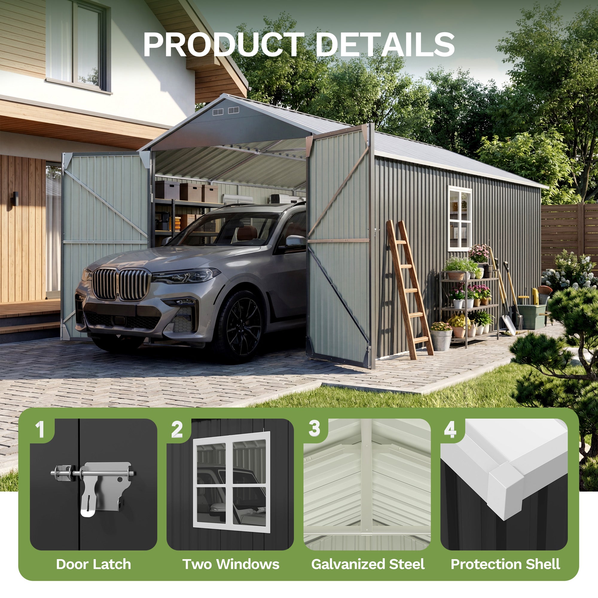 Patiowell 12x20 metal shed with double doors black & white