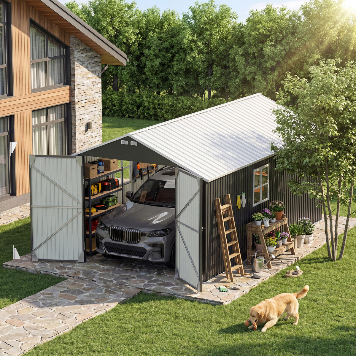 12x20ft Metal Shed Outdoor Garage w/ Doors, Black & White | Patiowell