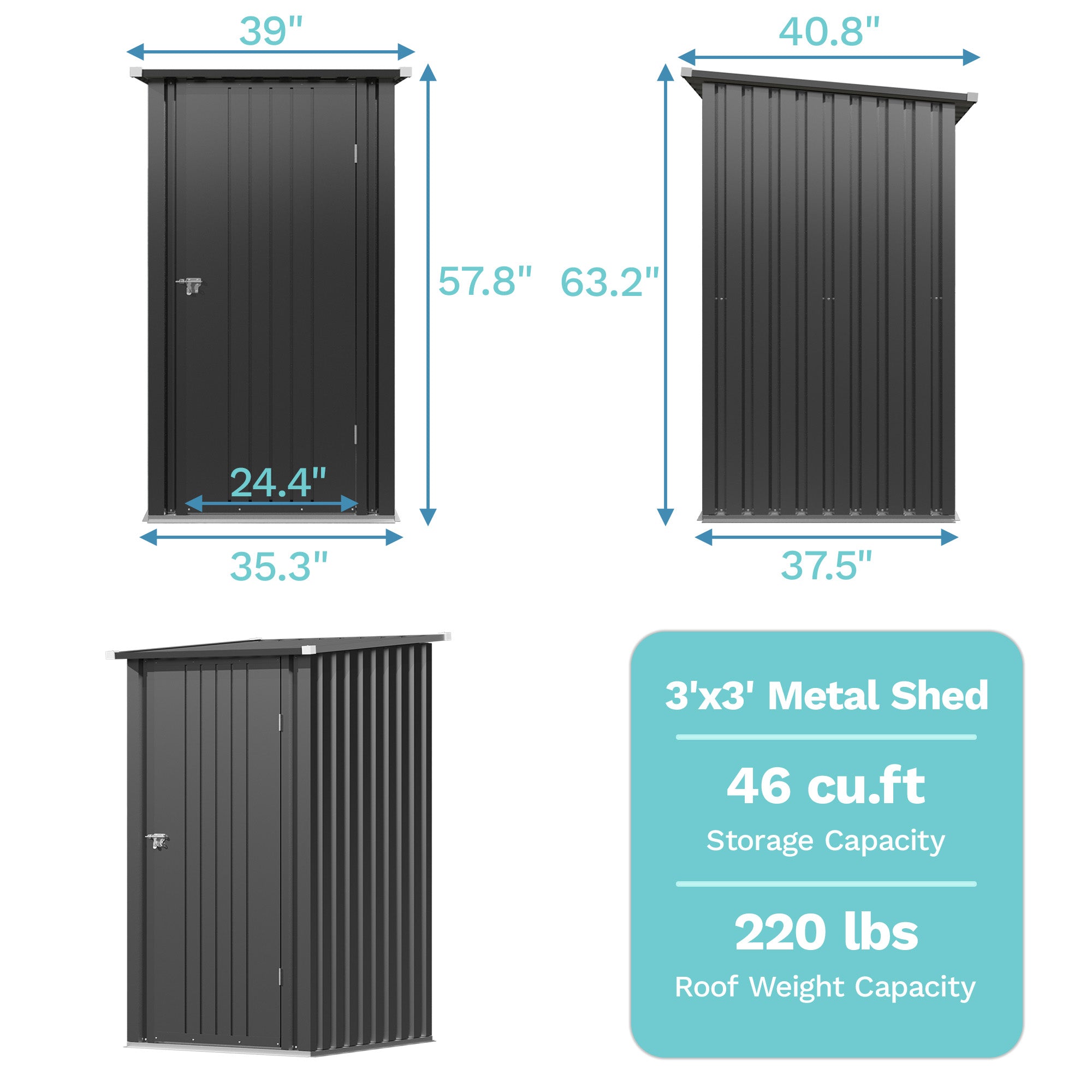 Dimensions and specifications of a 3'x3' metal shed on a white background