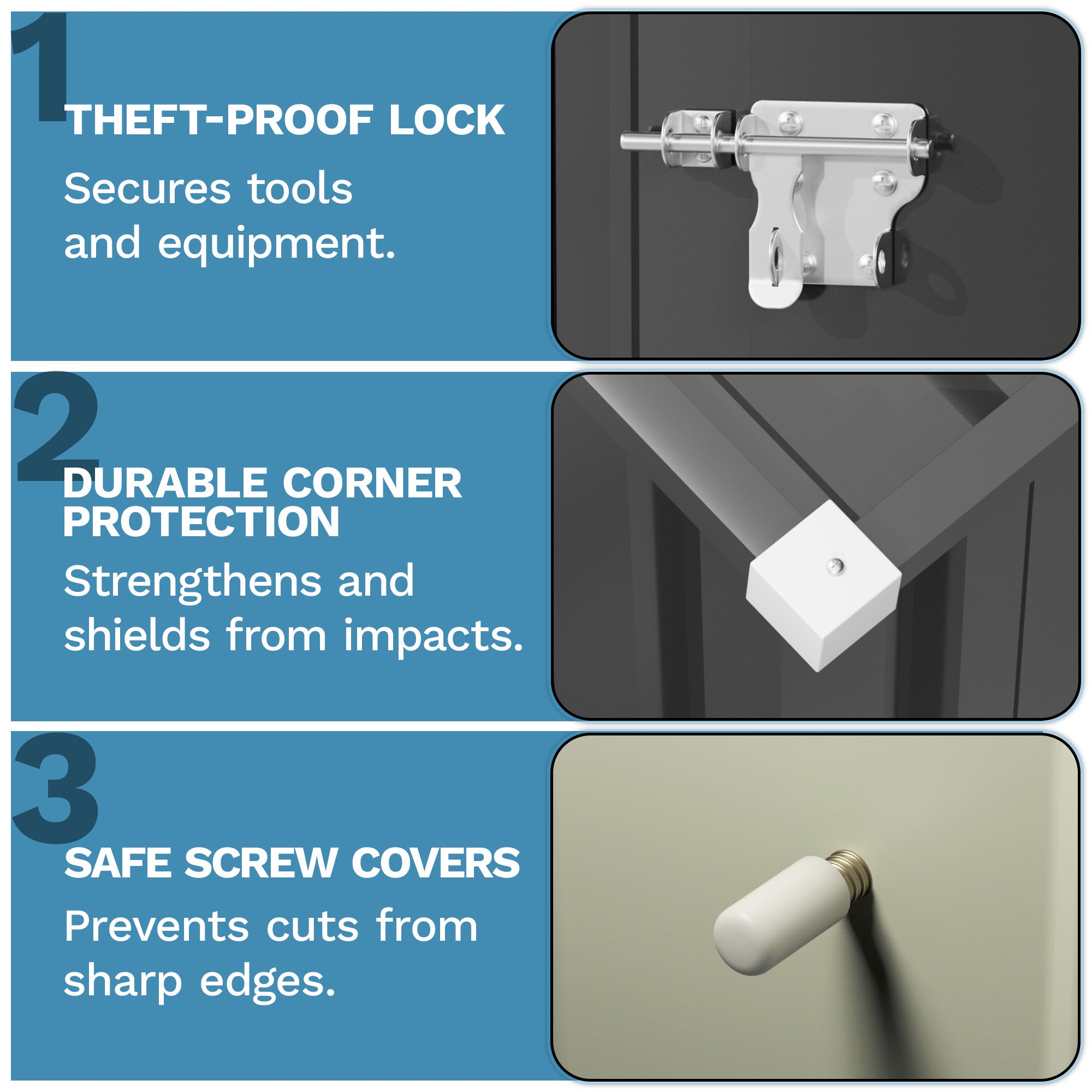 Features of a storage unit with a theft-proof lock, durable corner protection, and safe screw covers.