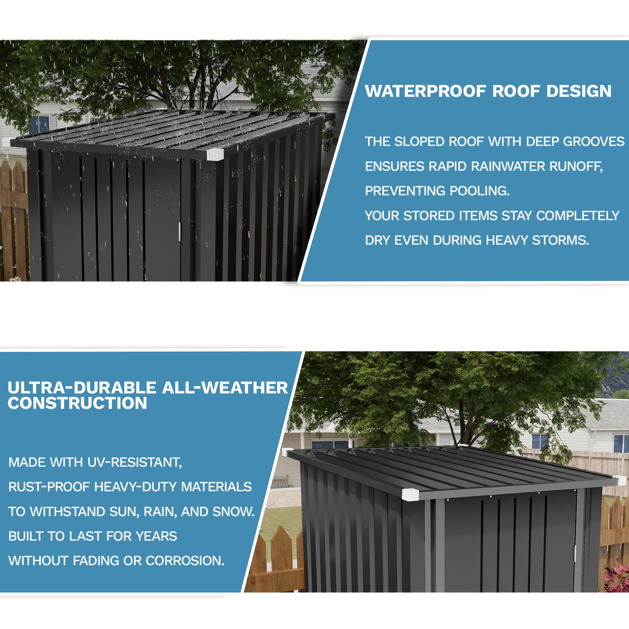 Black storage shed with waterproof roof design and ultra-durable construction features.