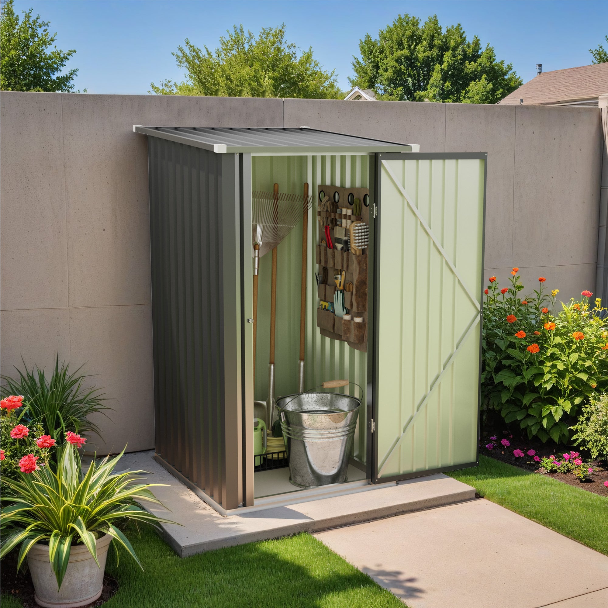 Small garden shed with tools and equipment inside, surrounded by plants and flowers.