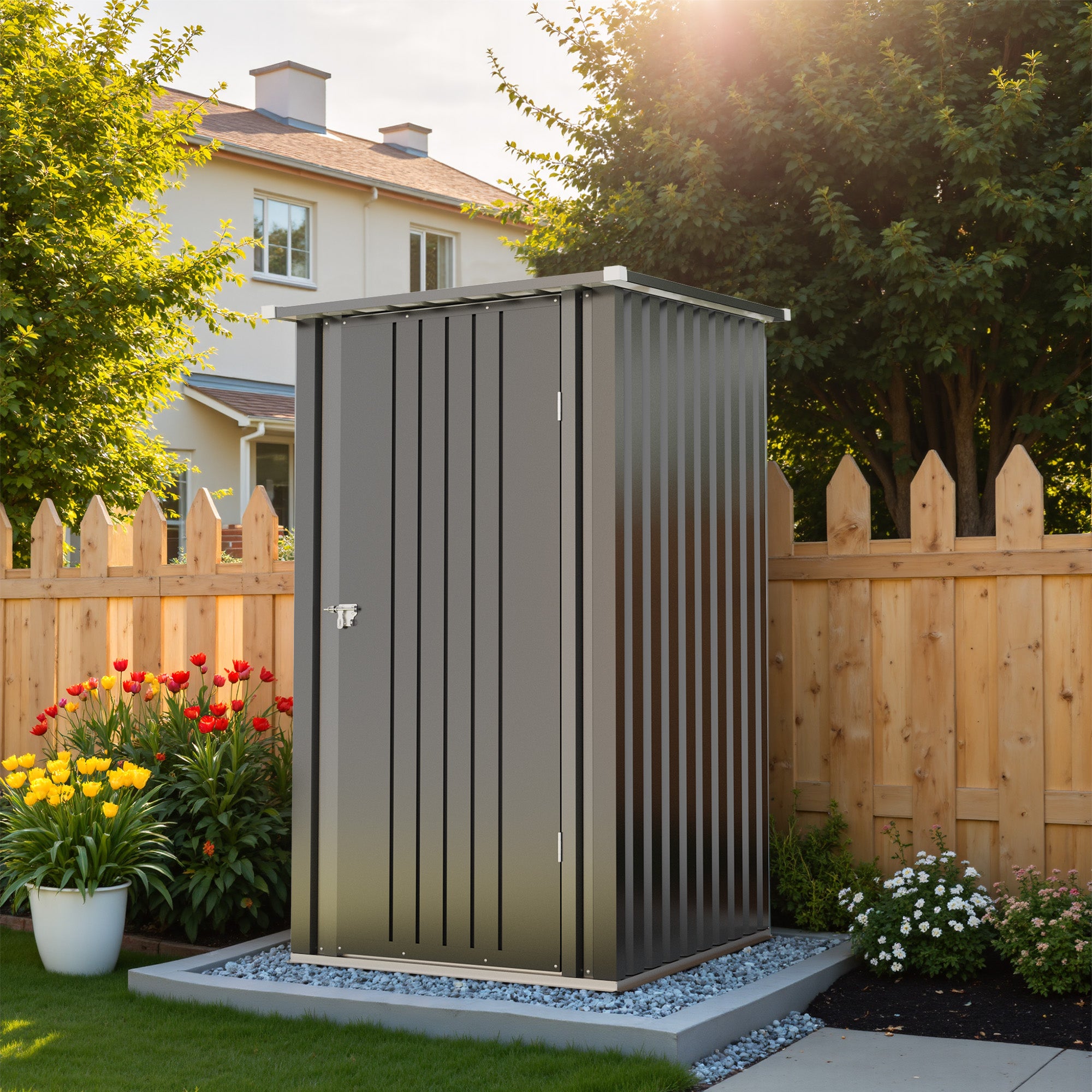Metal storage shed in a backyard setting with flowers and a house in the background