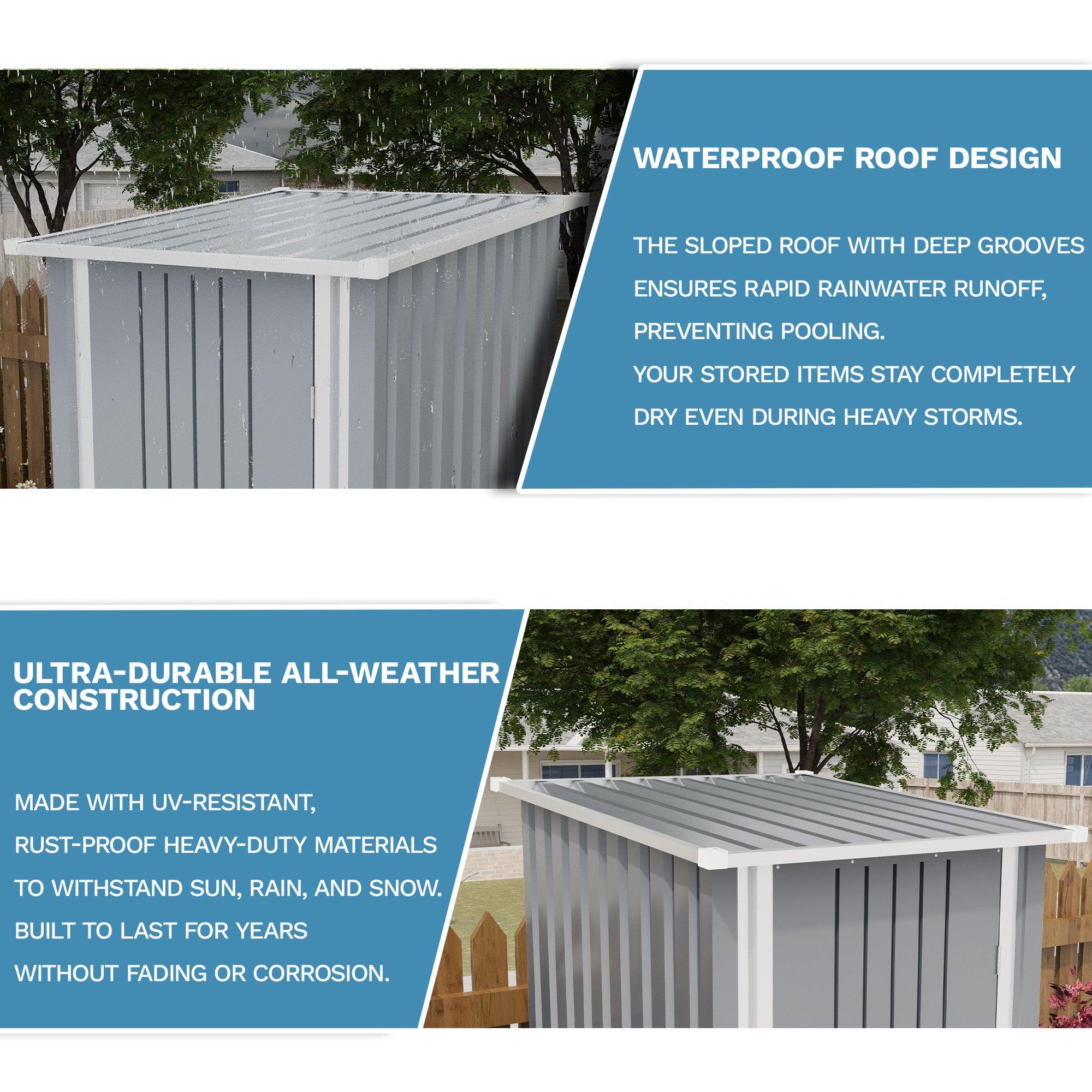 Metal storage shed with waterproof roof design and ultra-durable construction features.