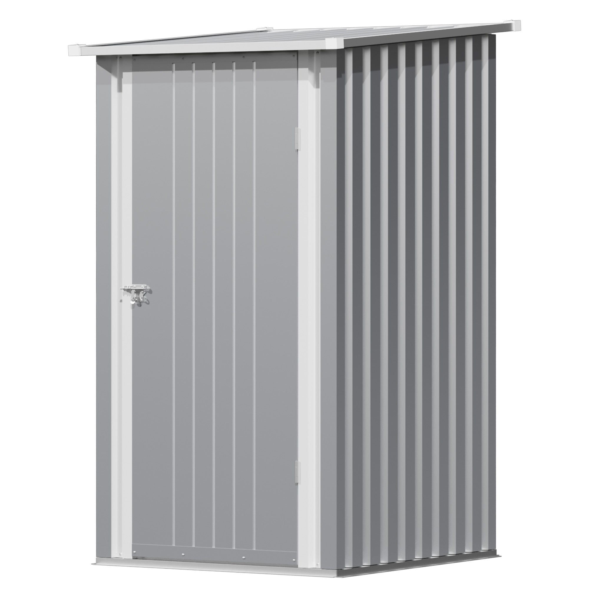 Metal storage shed with a slanted roof on a white background