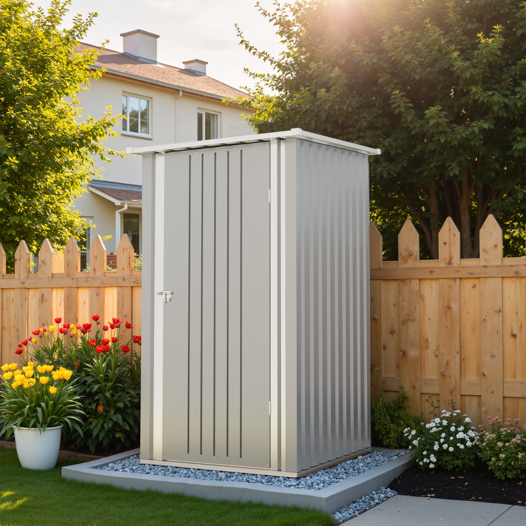 Metal storage shed in a backyard with flowers and a house in the background