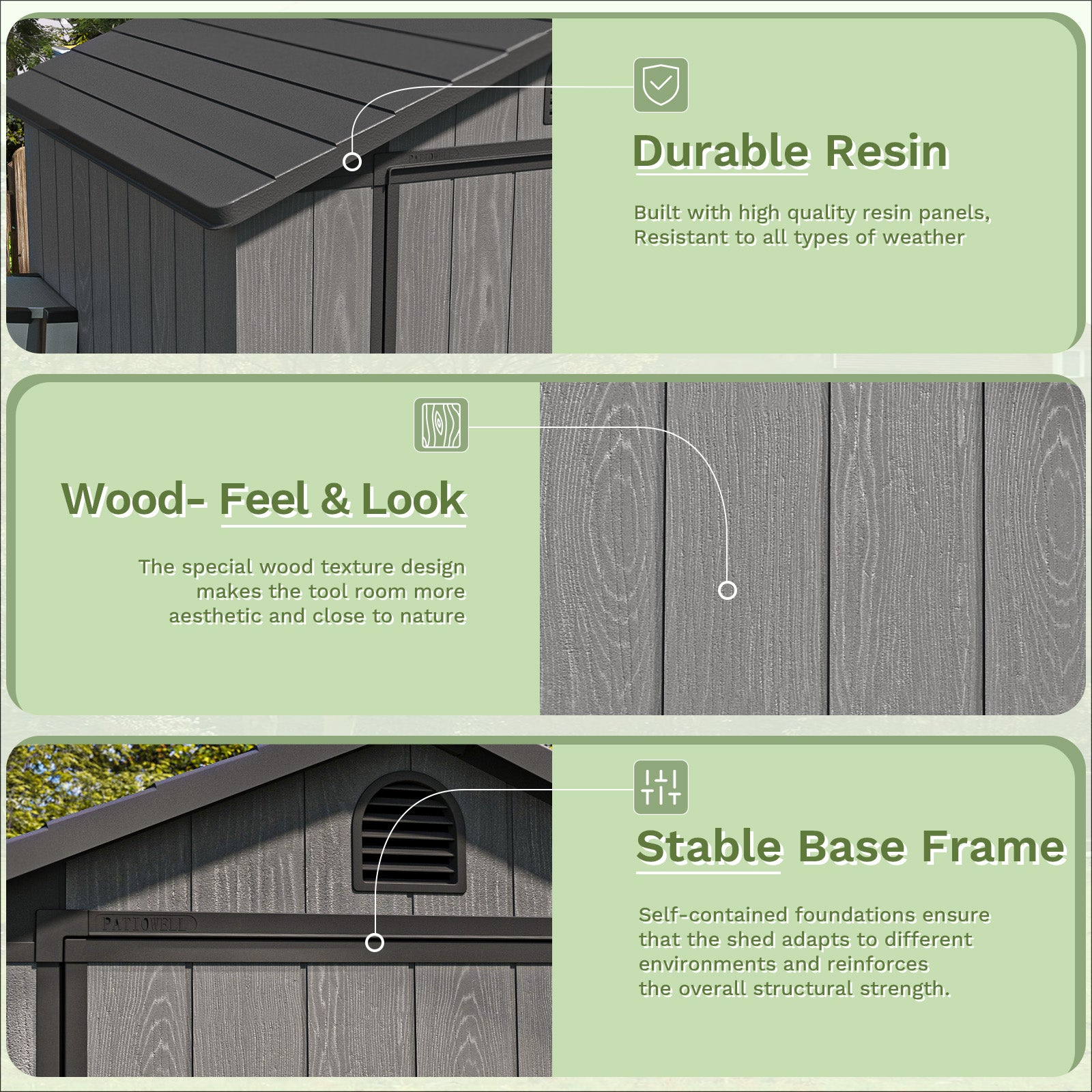 patiowell 4x4 plastic shed with durable resin, wood-feel, lock and sable base frame