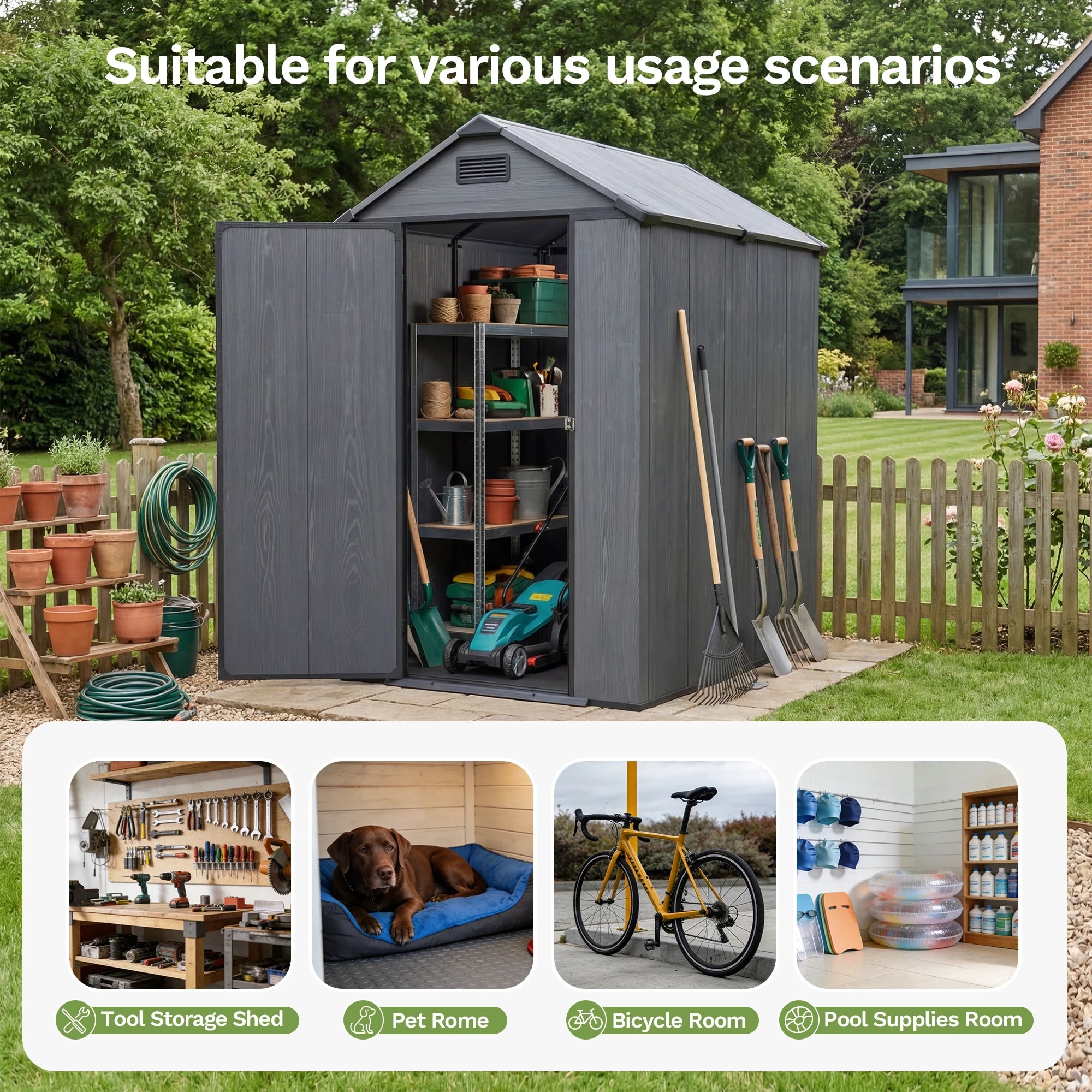 Patiowell 4x6 ft Plastic Outdoor Storage Shed with Floor, Lockable Door and Vents, Dark Gray