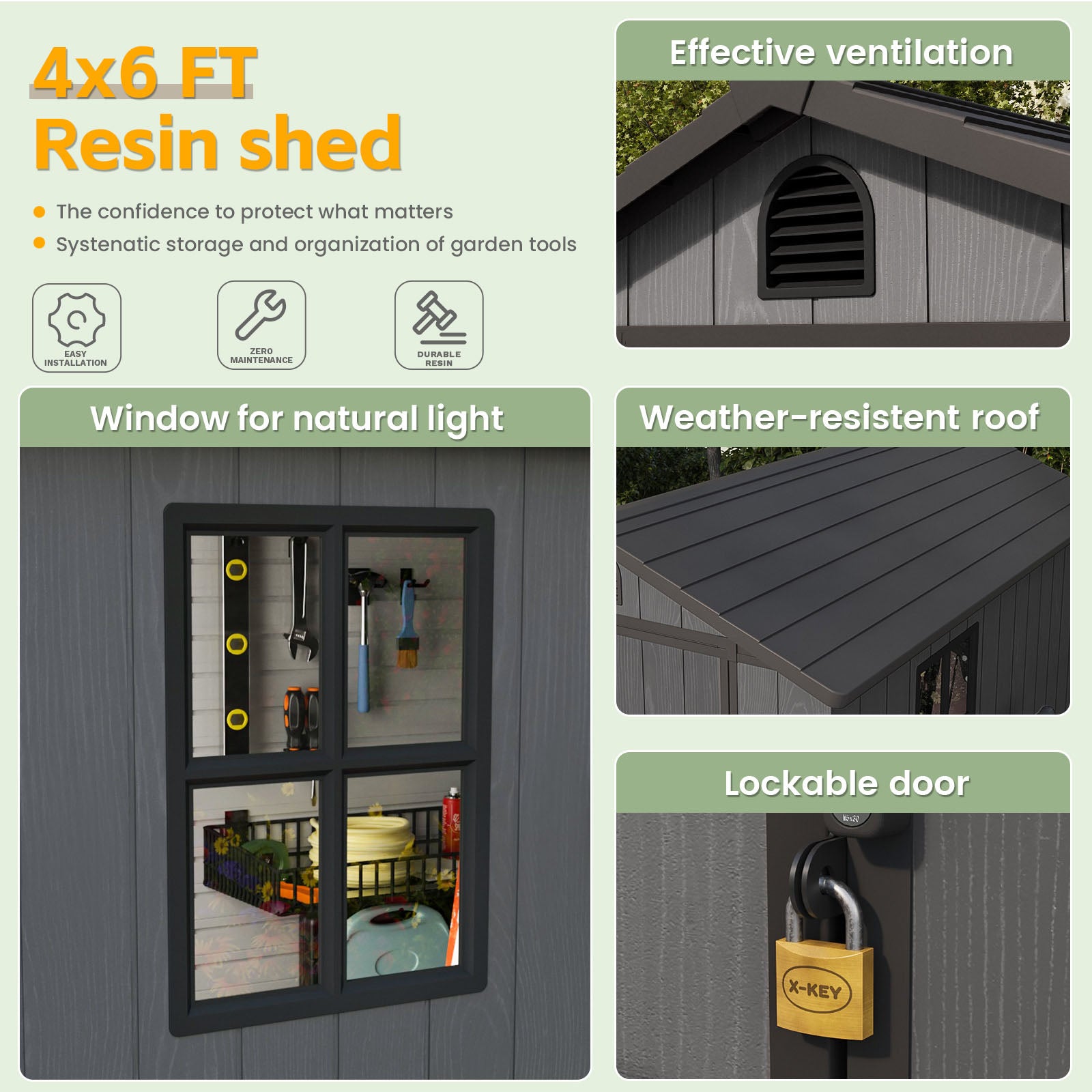 4x6 FT resin shed with features like effective ventilation, window for natural light, weather-resistant roof, and lockable door.