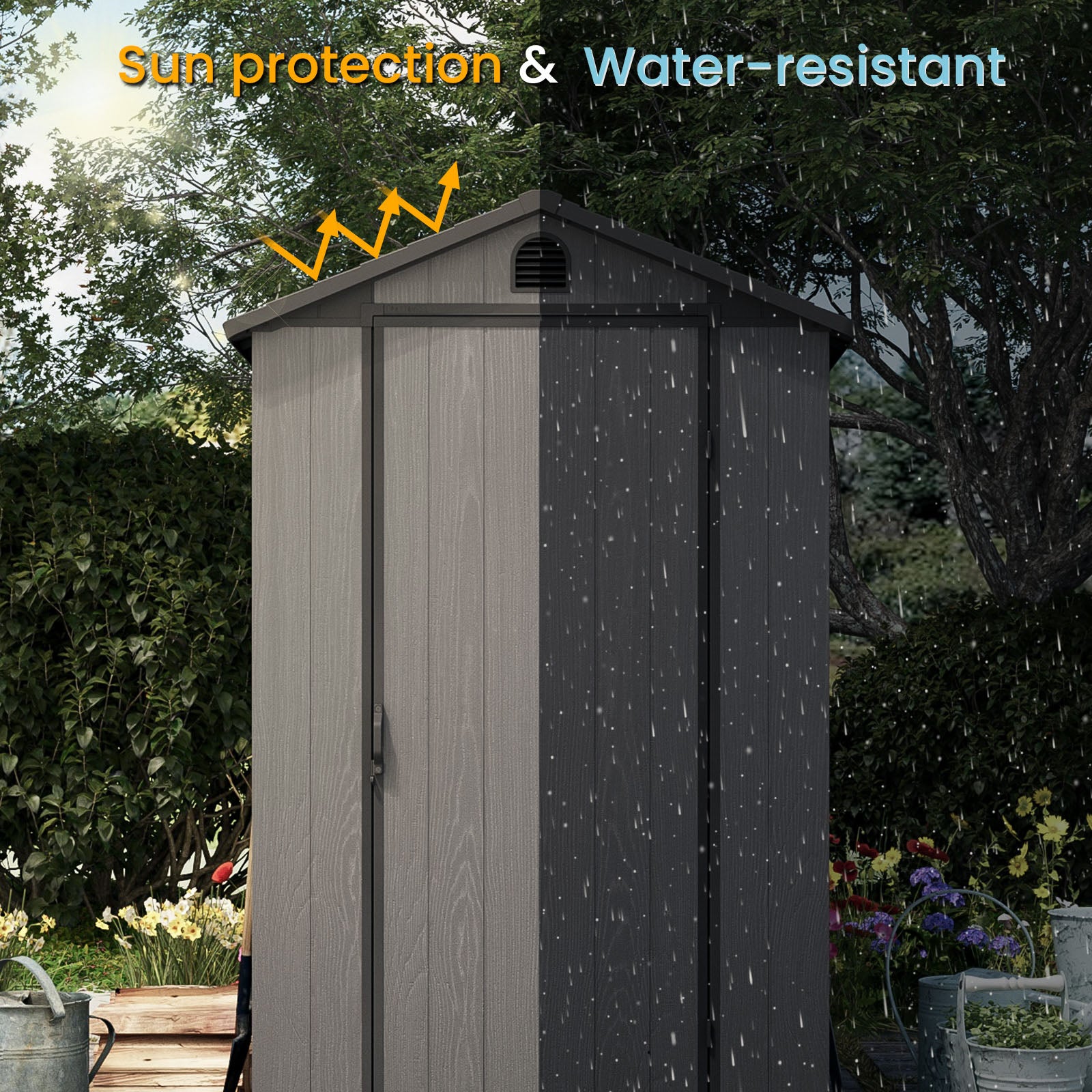 Outdoor shed with sun protection and water-resistant features highlighted