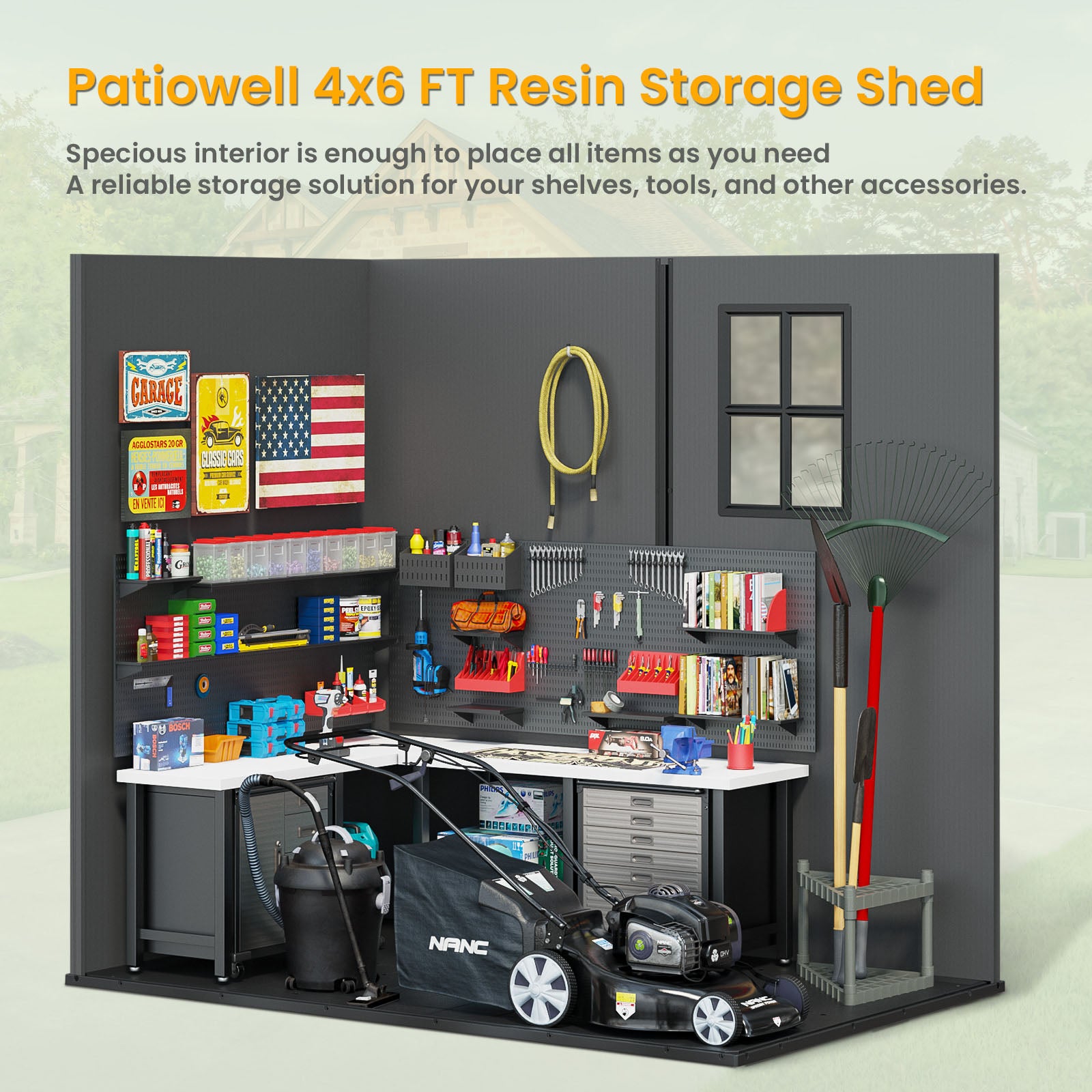 Model of a Patiowell 4x6 FT Resin Storage Shed with various tools and items displayed inside.