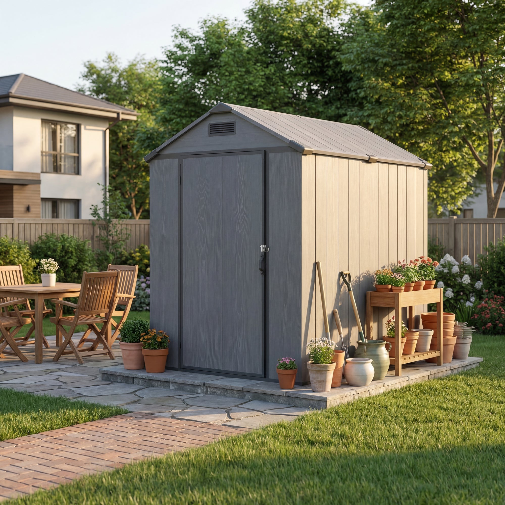 Patiowell 4x6 plastic shed with floor dark gray