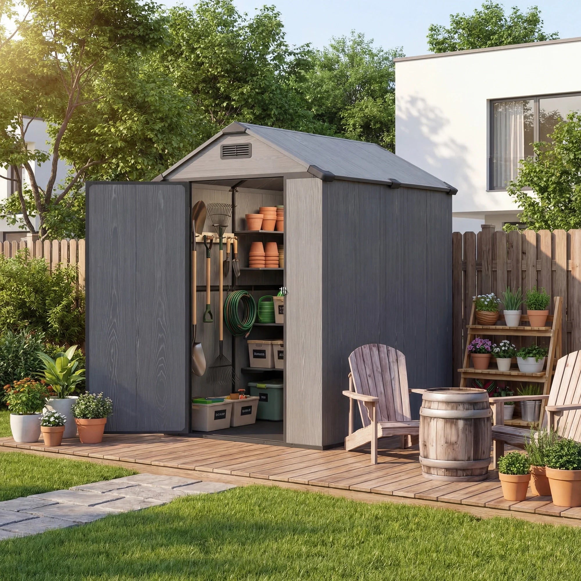 Patiowell 4x6 ft Plastic Outdoor Storage Shed with Floor, Lockable Door and Vents, Dark Gray