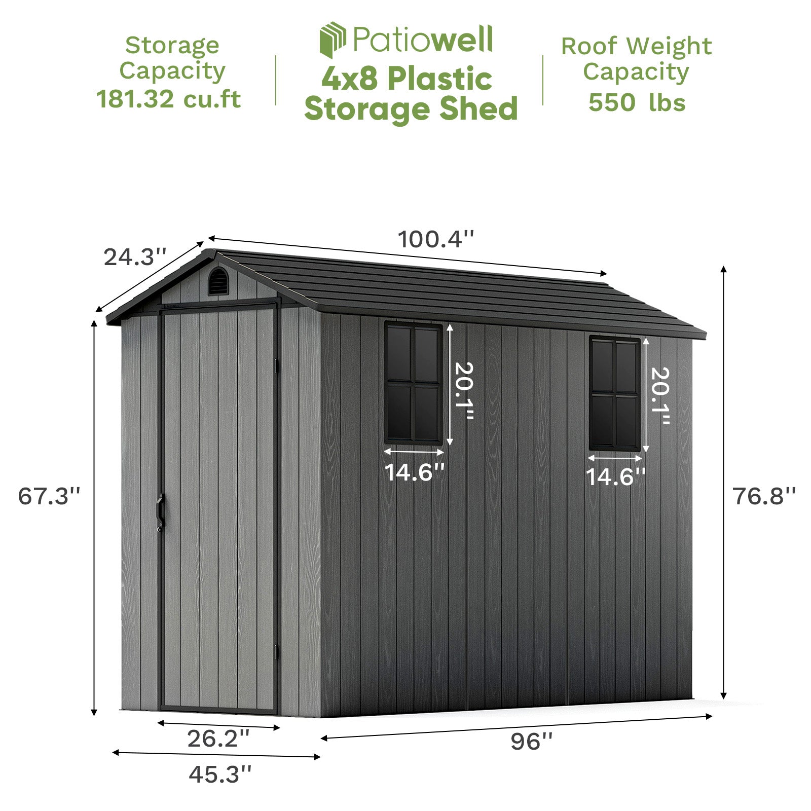 Patiowell 4x8 plastic storage shed with dimensions and capacity details on a white background
