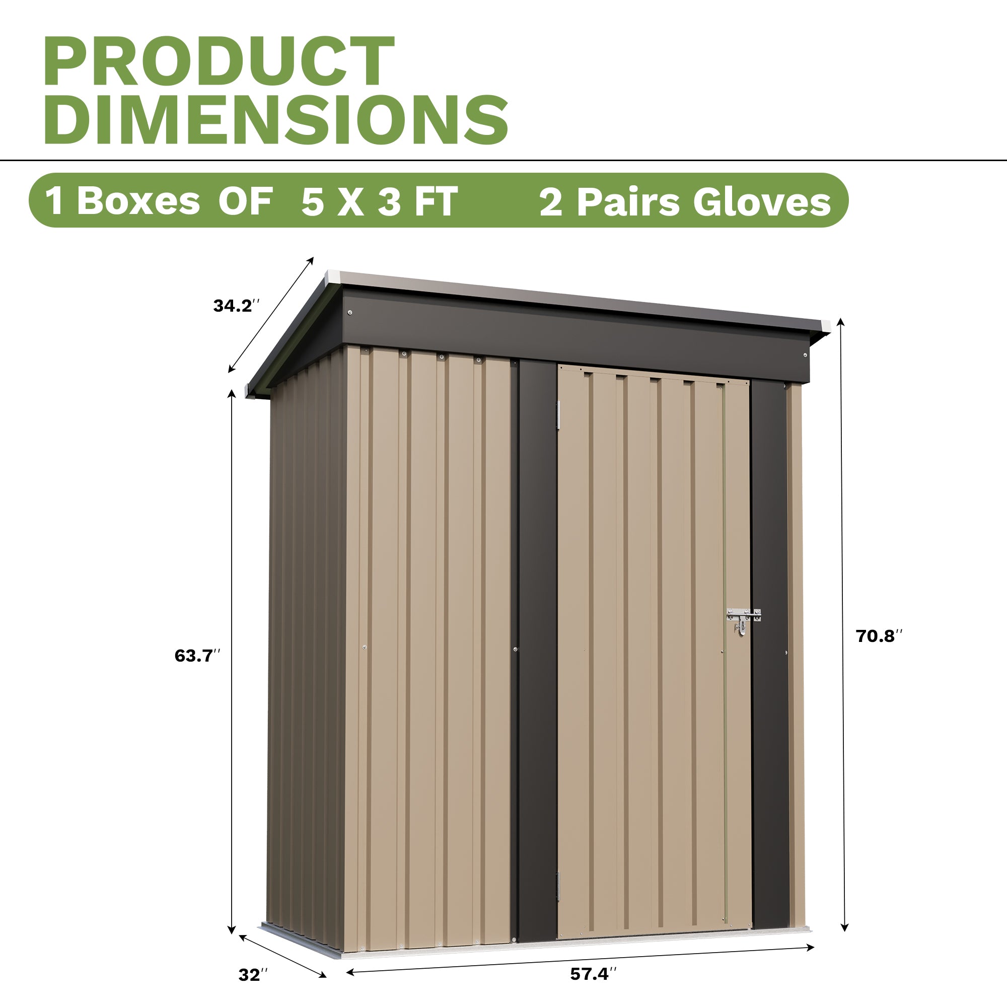 Dimensions of a 5x3 storage shed with labeled measurements on a white background