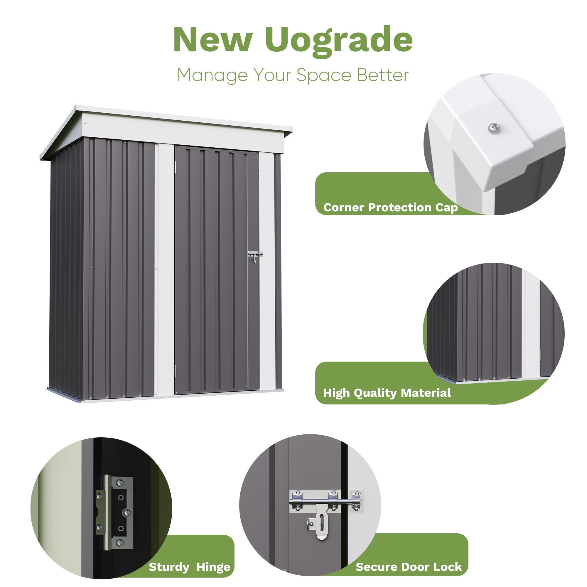 5x3 Metal storage shed with features highlighted on a white background