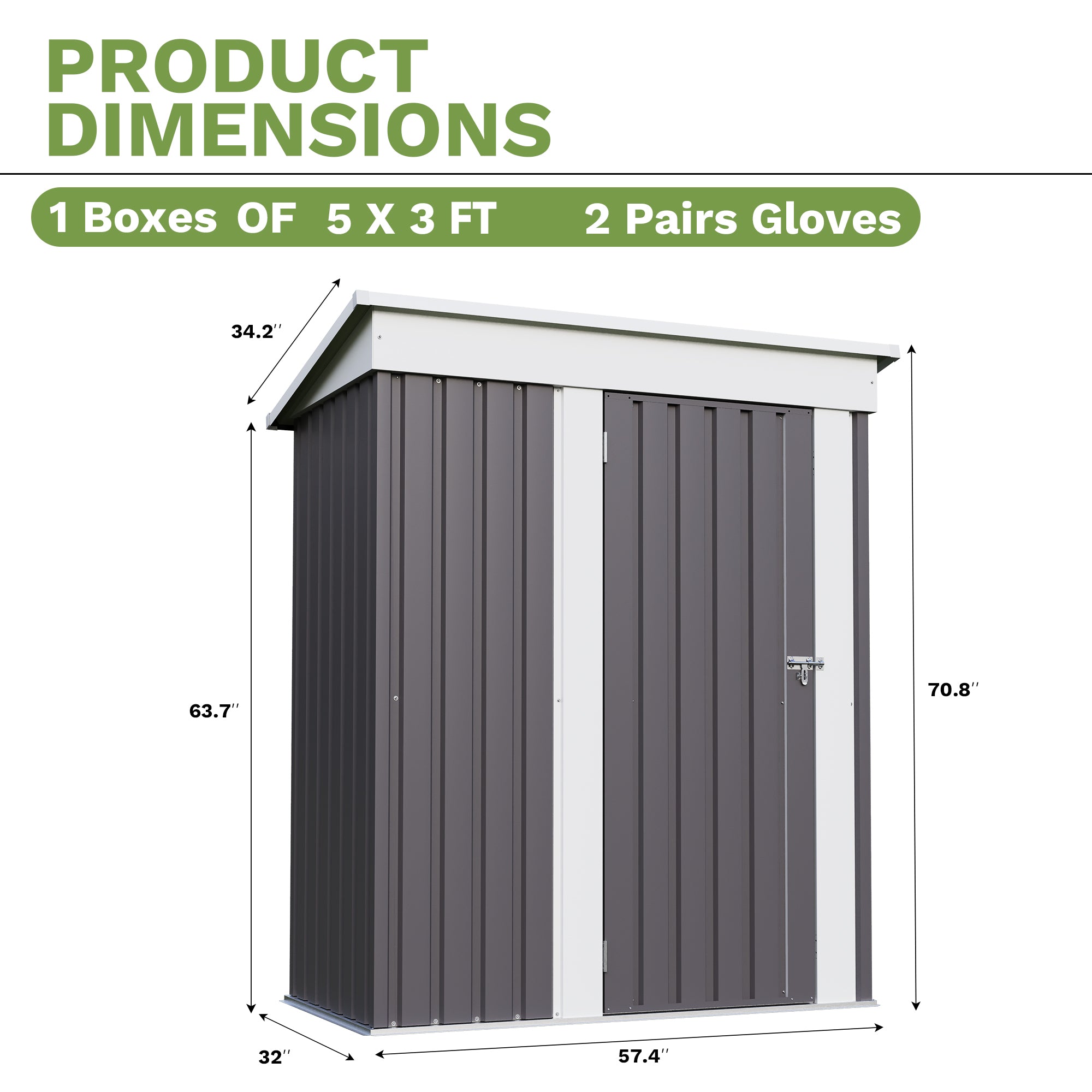 Dimensions of a small storage shed with labeled measurements on a white background.