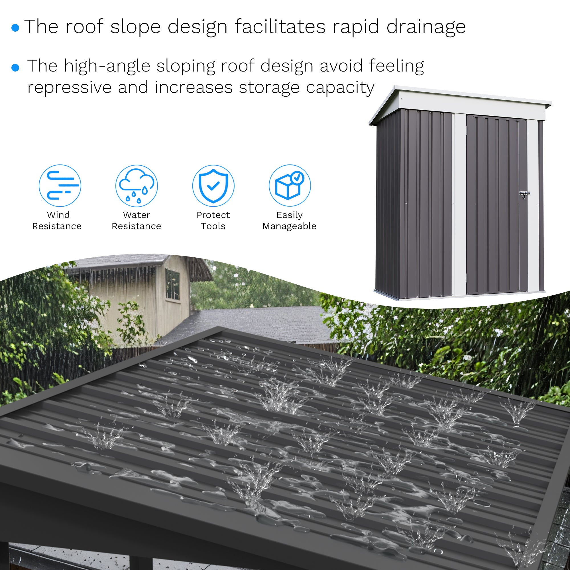 5x3 Metal storage shed with roof slope design features and benefits listed.