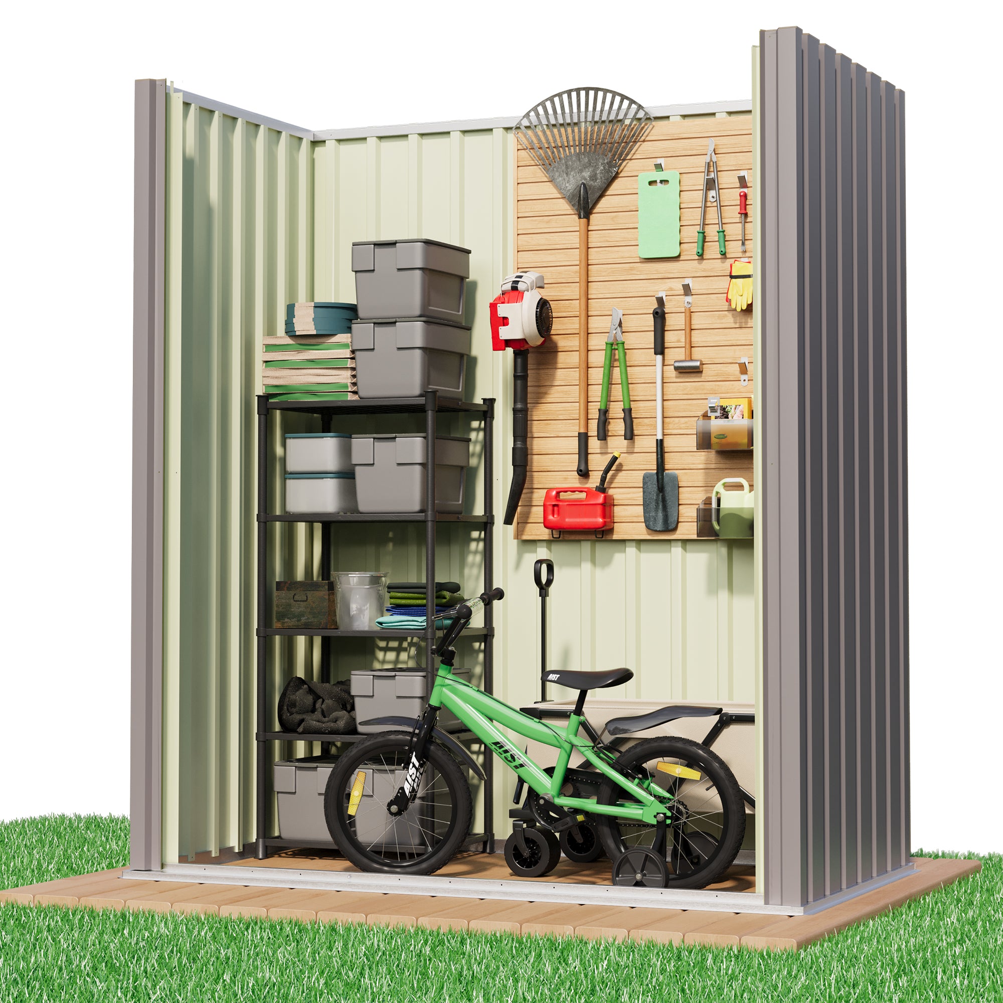 5x3 Small storage shed with a bike, shelves, and gardening tools on a white background
