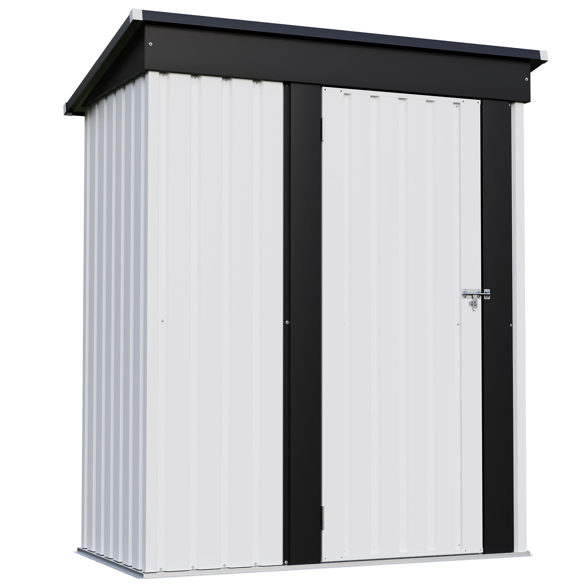 5x3 Metal storage shed with black roof and white body on a white background