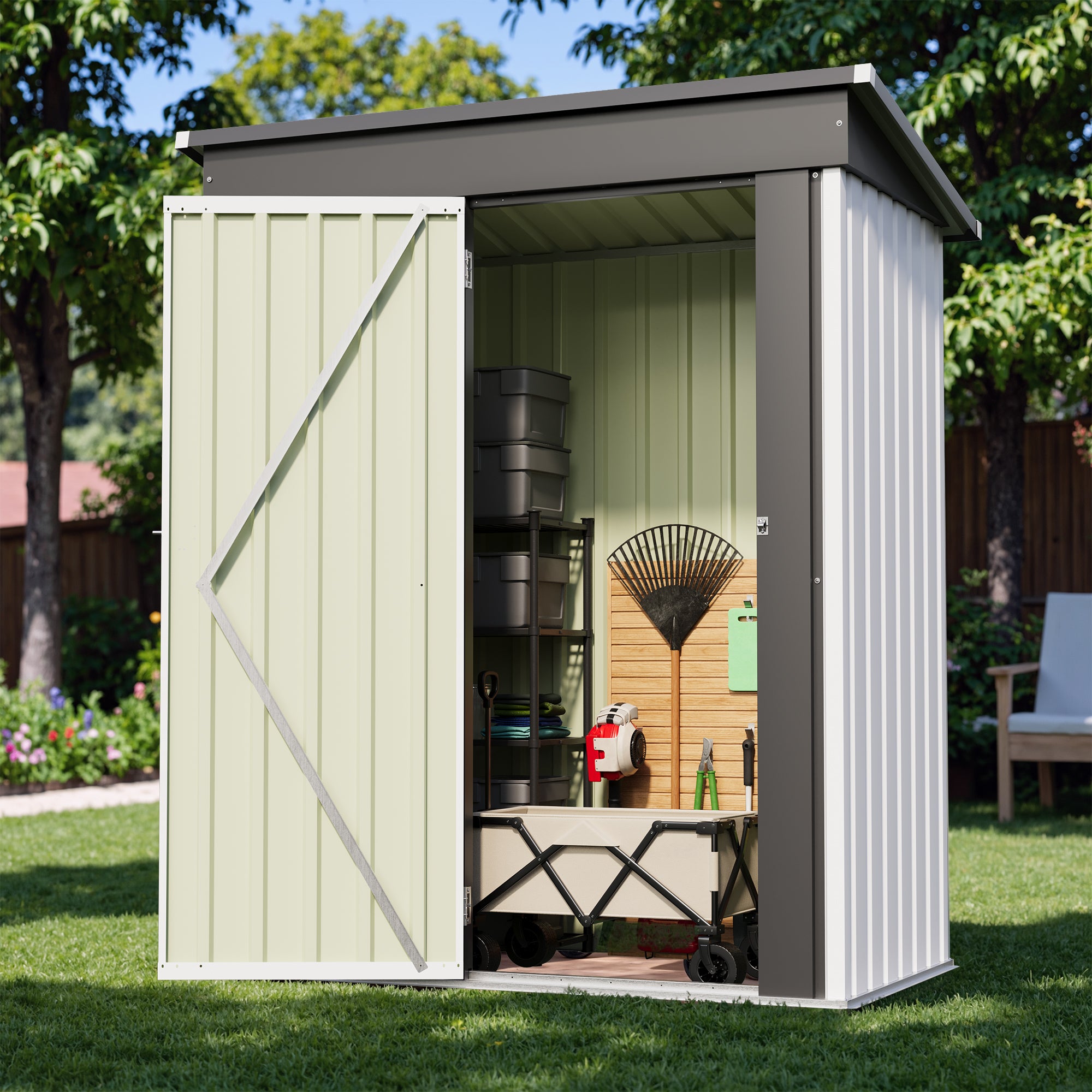 5x3 Small storage shed with open door showing gardening tools on a grassy area with trees in the background