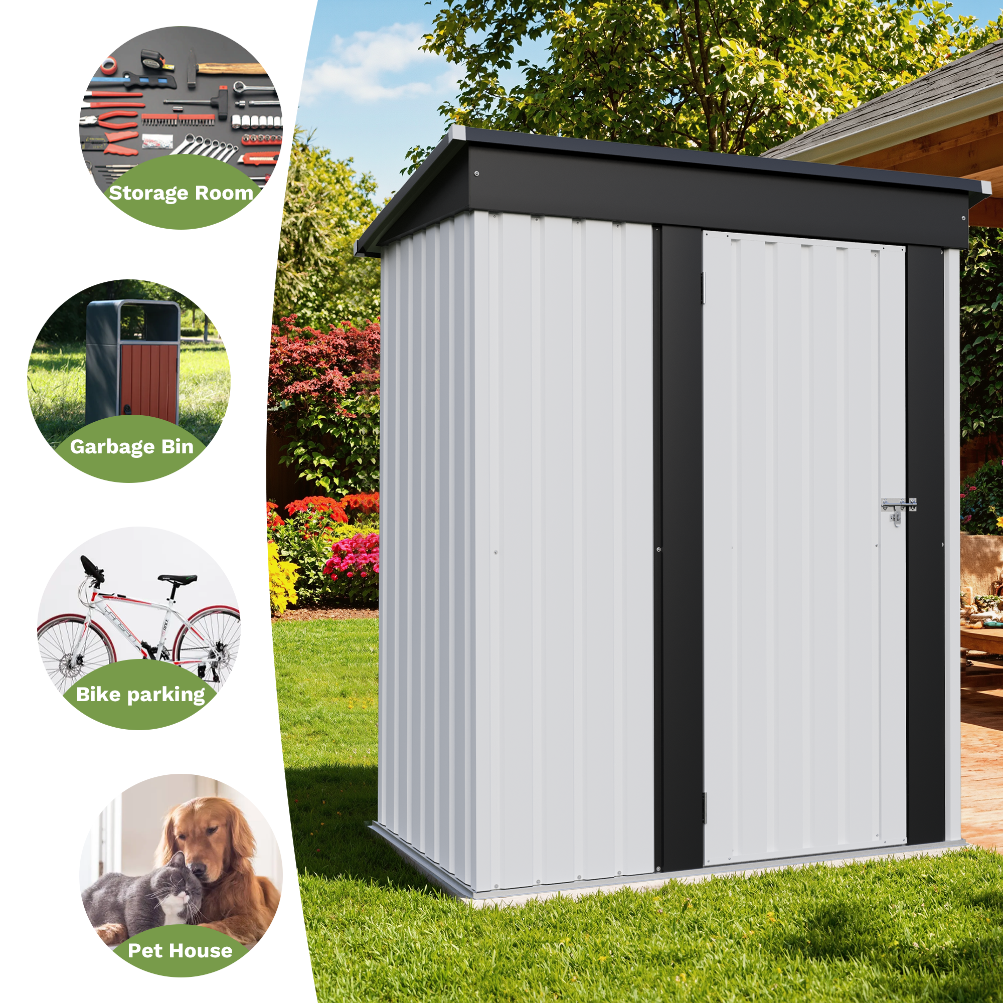 5x3 Metal storage shed with black roof in a garden setting, surrounded by nature.