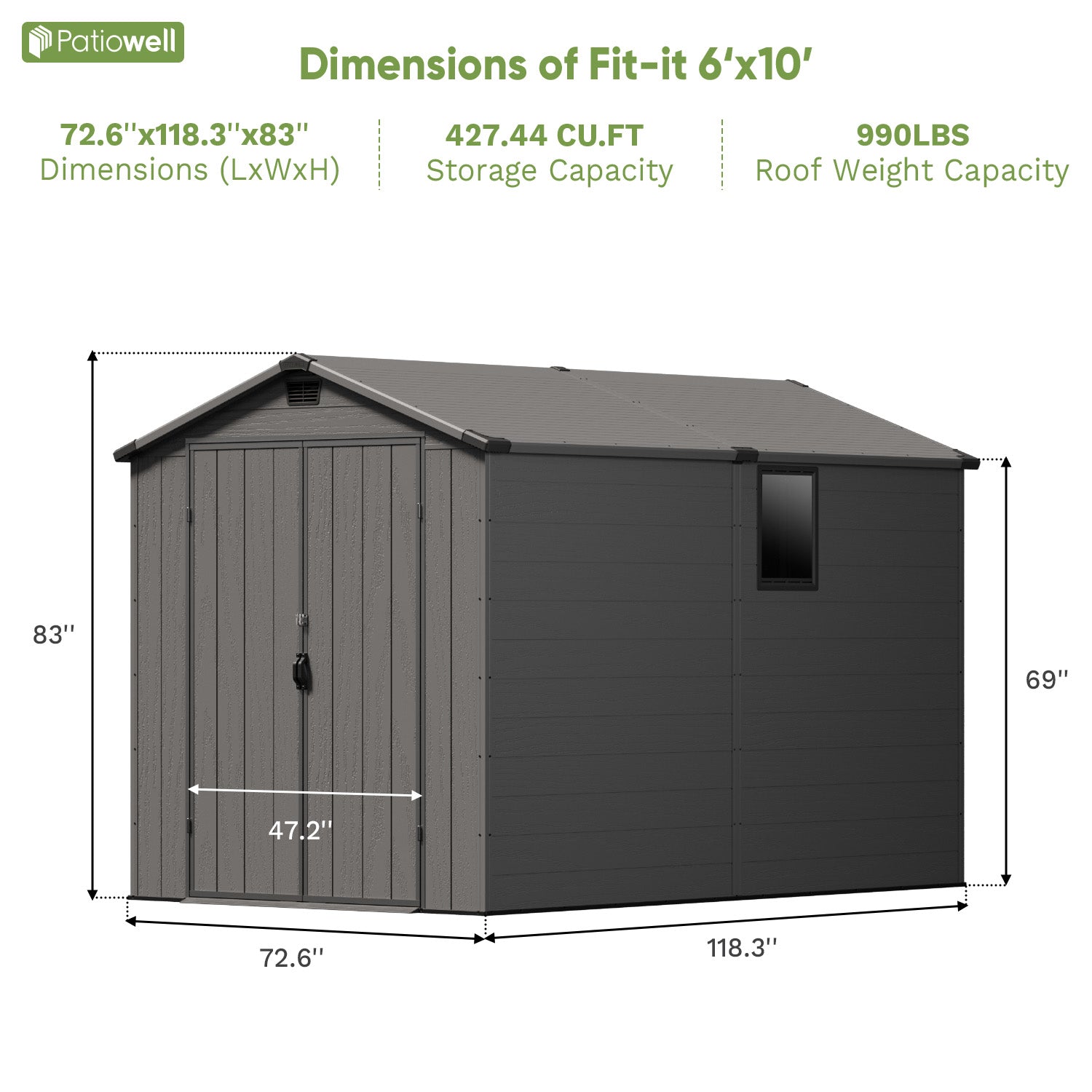 Patiowell 6x10 plastic shed dark gray