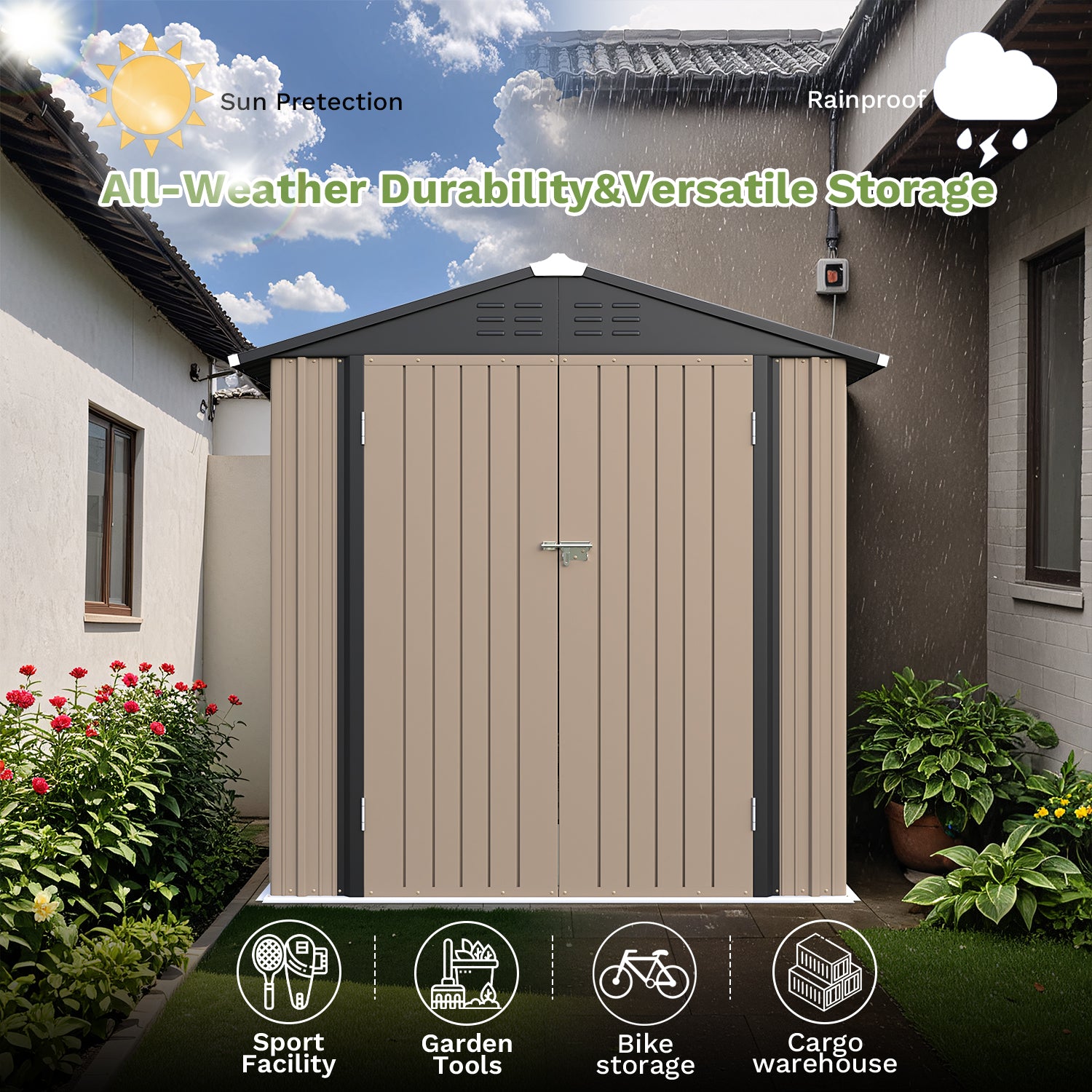Patiowell 6x4 metal brown storage shed with black roof in front of a house, surrounded by plants and flowers.