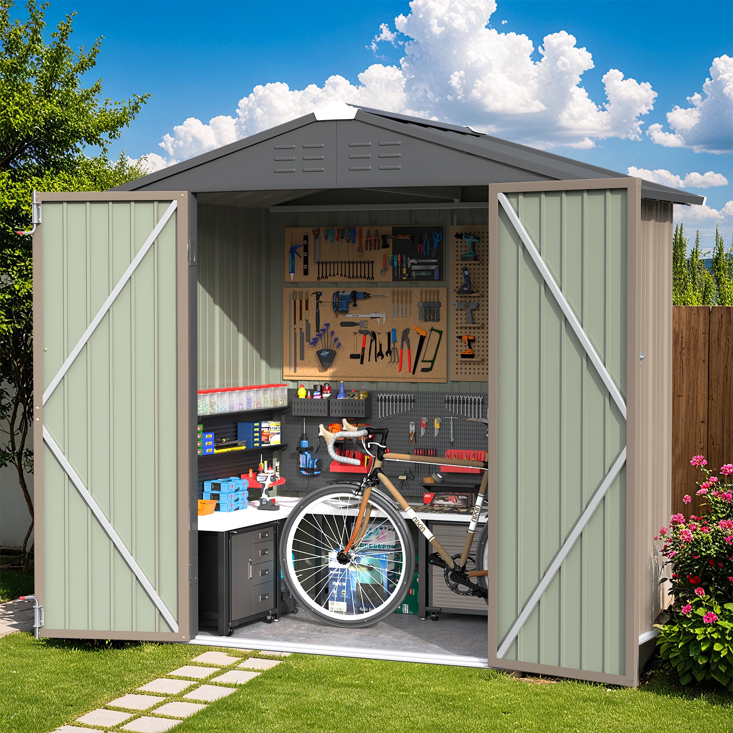 Patiowell brown metak storage shed with tools and a bicycle