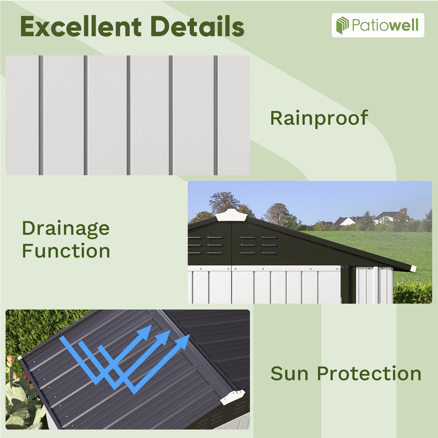 Patiowell 6x4 metal shed with features highlighted on a green background